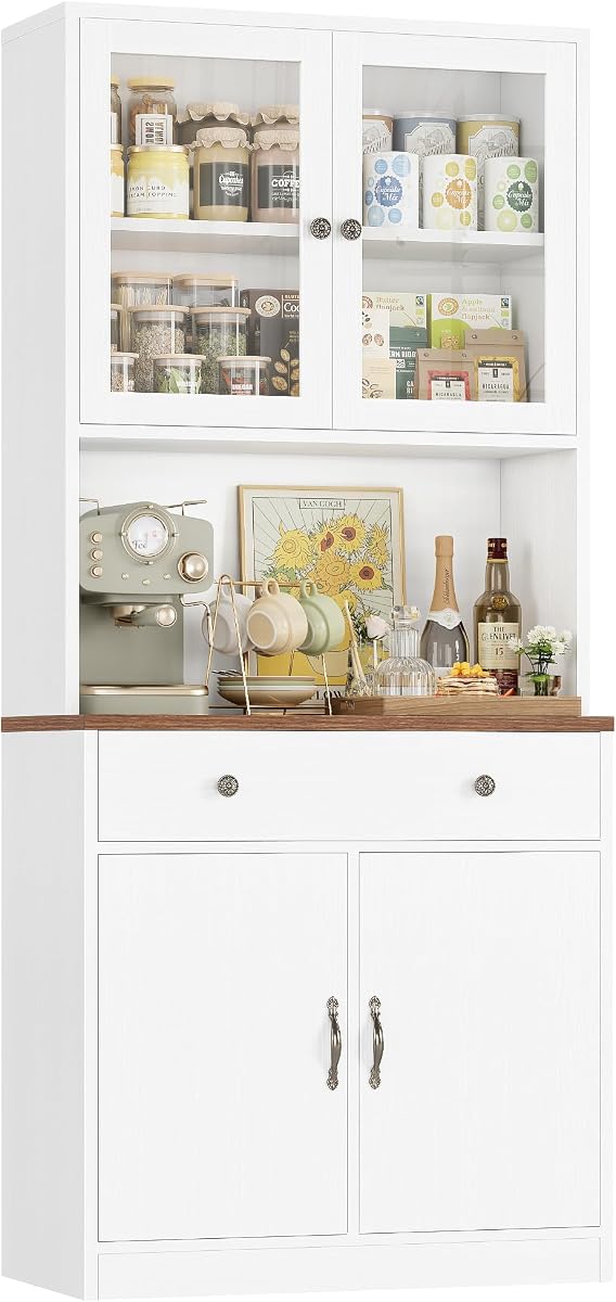 HOCSOK Küchenschrank, Buffetschrank Weiß mit 2 Glastüren, 180x40x80 cm