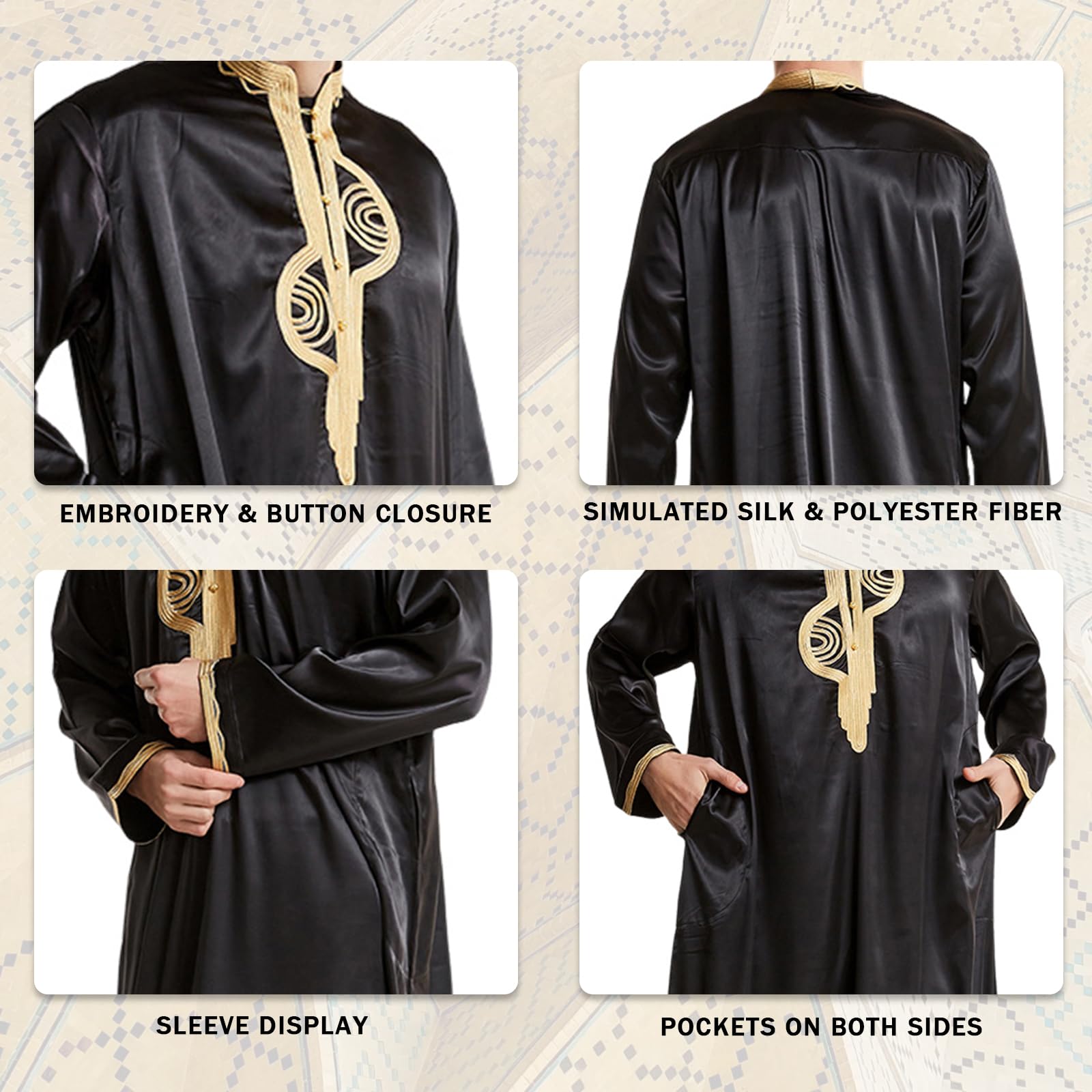 Chilaba Hombre Bordado, Kaftan Hombre Manga Larga Cuello de Pie, Abaya Hombre Ramadán con Bolsillo, Jalaba Hombre Marroquí, Bata Hombre Musulmana, Ropa de Oración Islámico Árabe