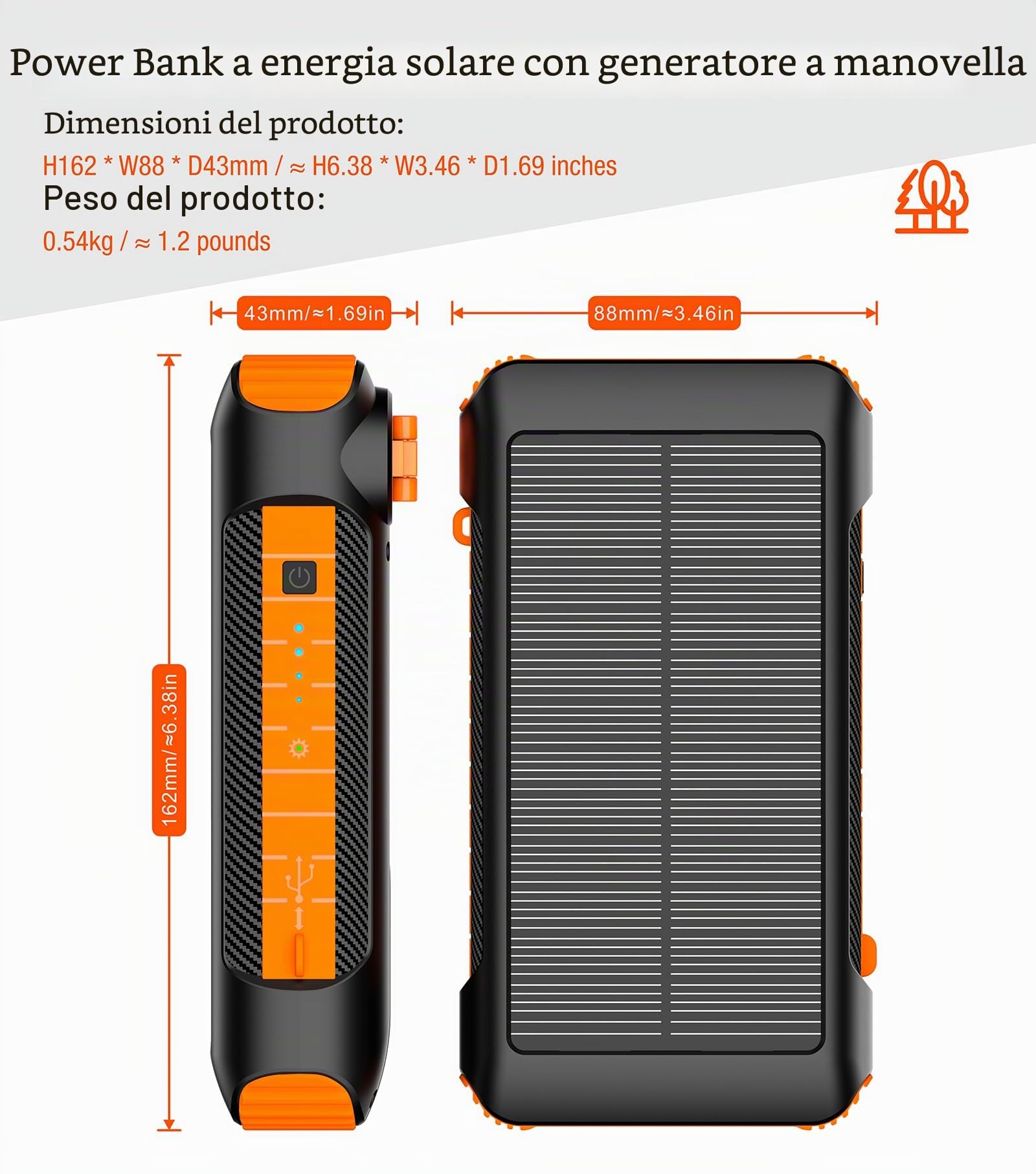 Solar Power Bank 20000 mAh con manovella integrata e 4 cavi 22,5 W ricarica rapida Power Bank 5 uscite e 5 ingressi caricatore portatile solare, SOS/stroboscopio/torce forti, moschettone