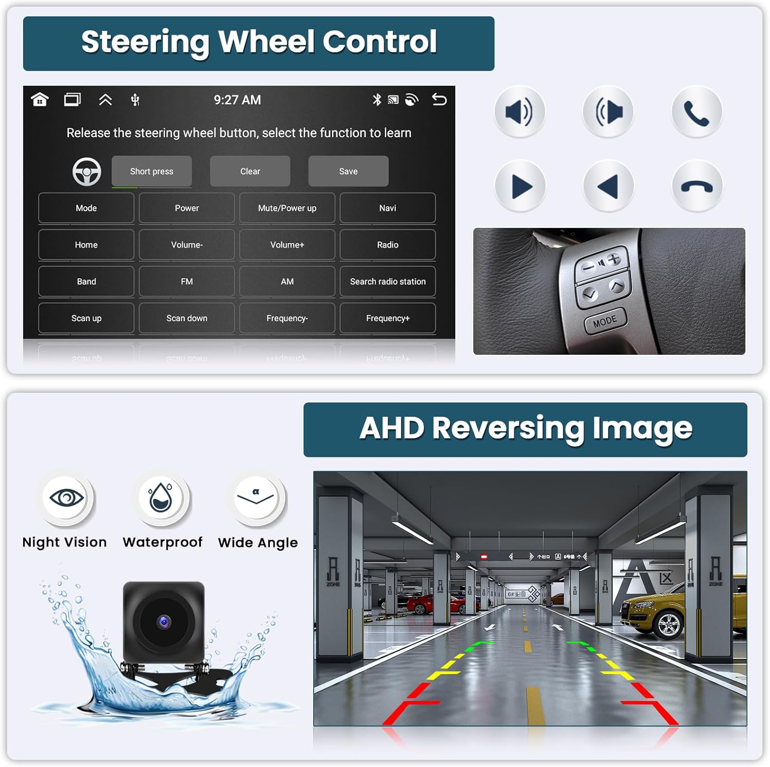 Image showing the AHD reversing image display on the Roinvou Android Radio, with camera features.