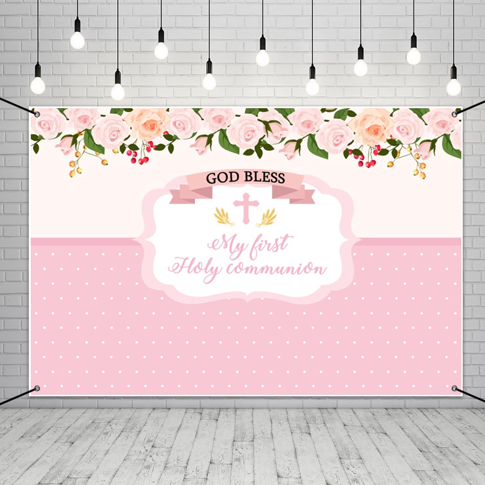 MIRRORANG Polyester 6x3.6ft First Communion Party Decor Banner Pink Baptism Banner Floral God Bless Baby Shower Backdrop Newborn Infant Photo Background