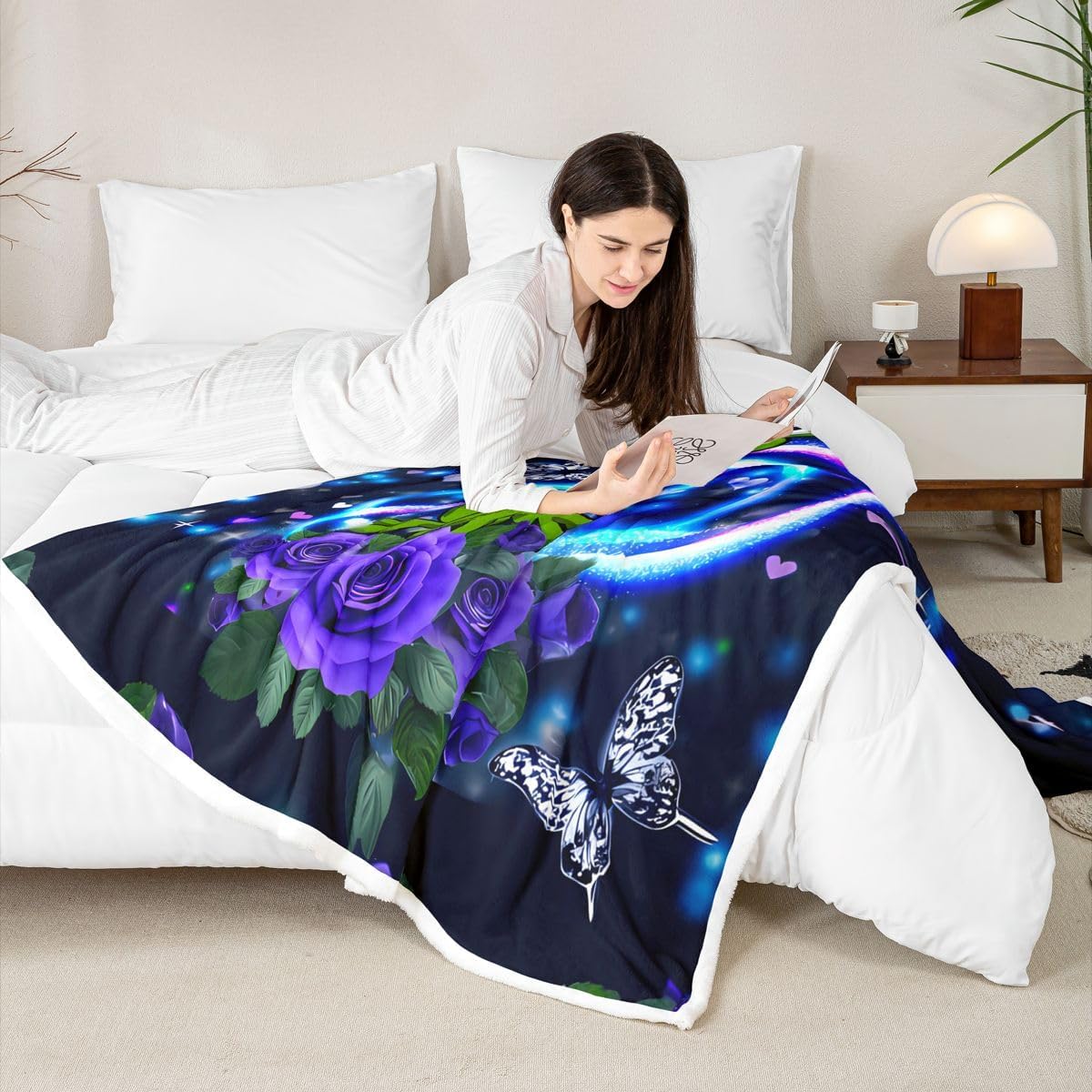 Frog Plush Blanket Butterfly Fleece Throw Blanket Purple Blue Botanical Floral Sherpa Blanket for Boys Girls Kids Room Decor Kawaii Animal Decor Fuzzy Blanket for Sofa Bed Couch, Throw 50x60 Inch