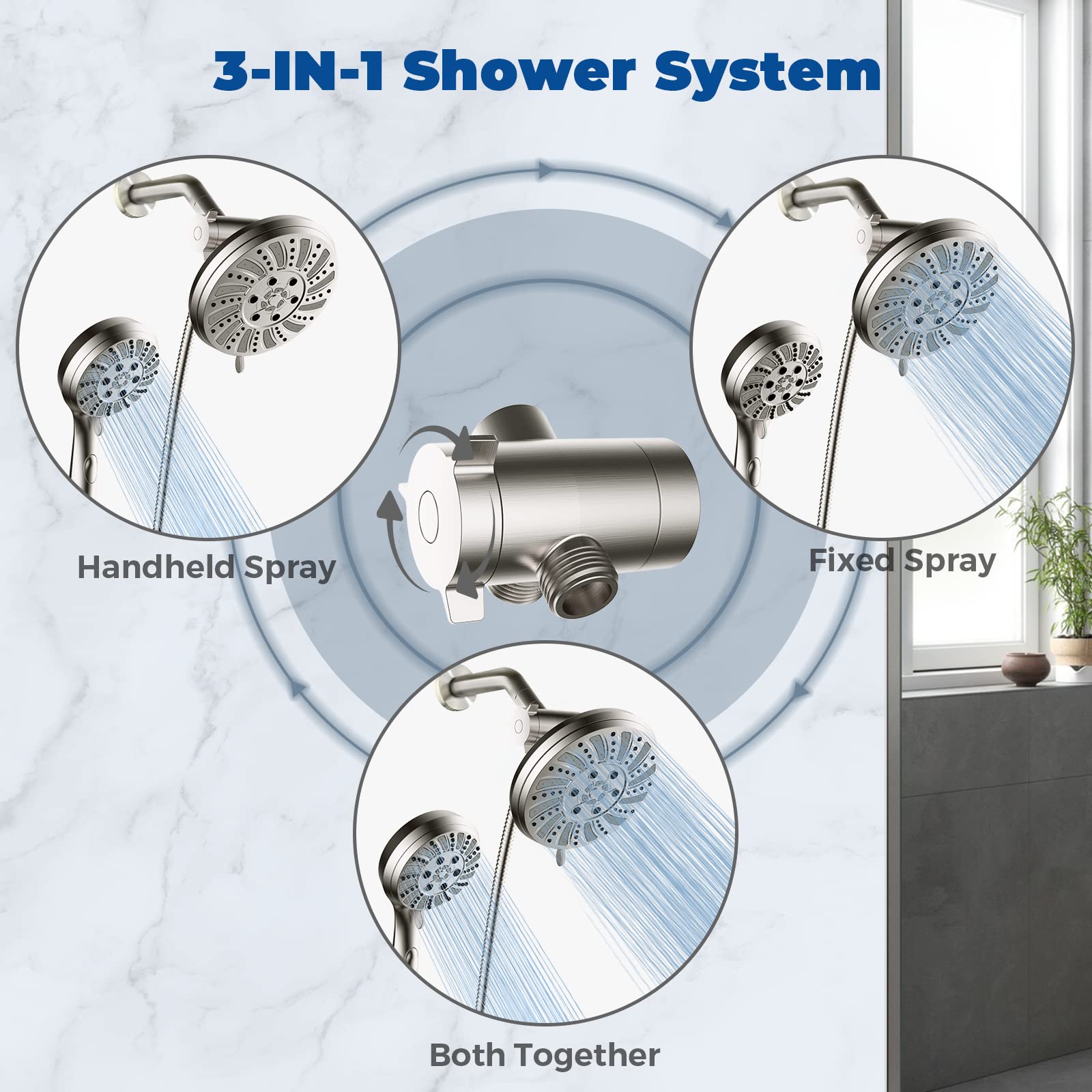 Shower Head Combo - WaterSong 4.5" 6-Setting Handheld Showerhead and 7" 5-Setting Rainfall Spray, One Click for High Pressure/Trickle Mode, with 70â€? Longer Stainless Steel Hose, Brushed Nickel
