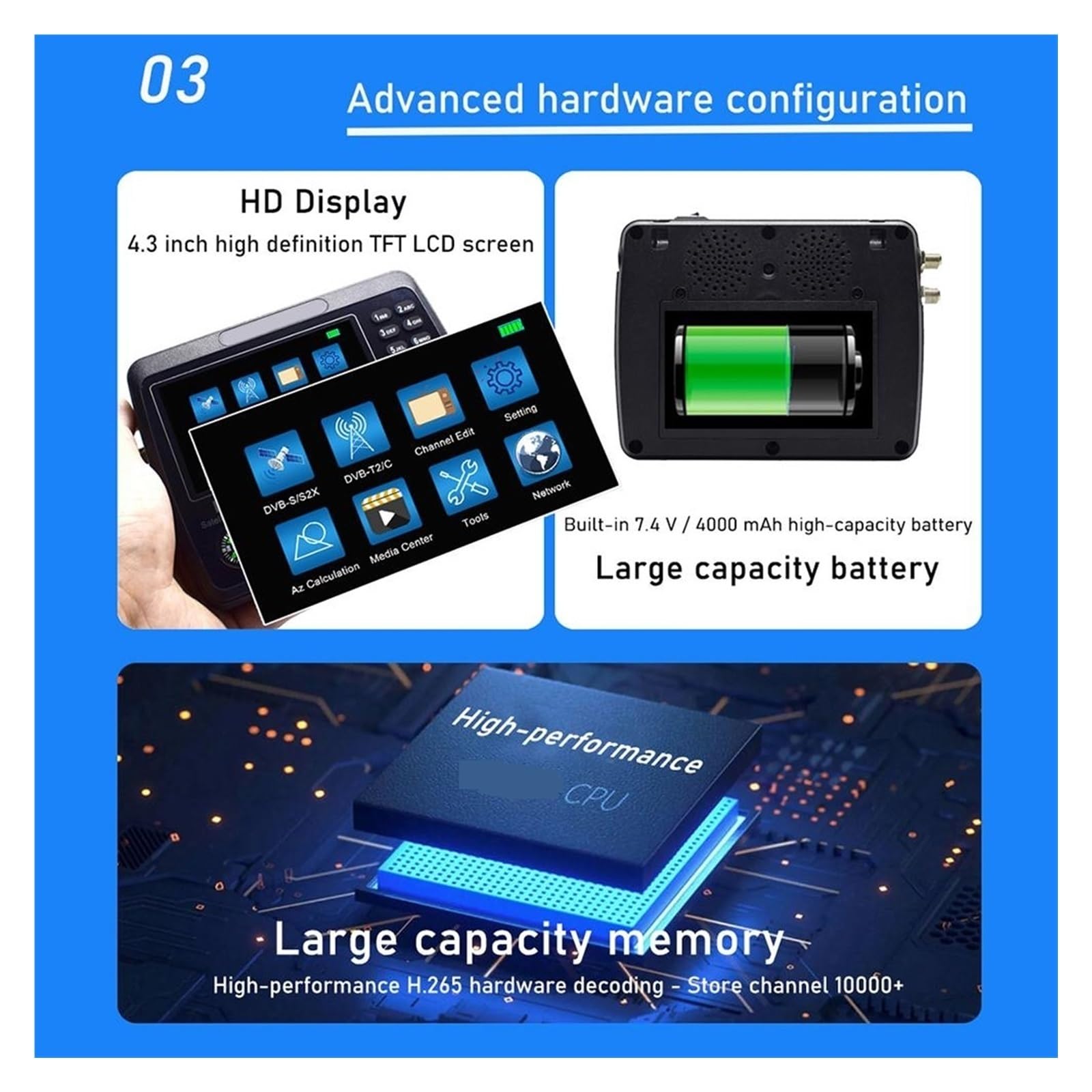Miernik Sygnału Wizjera Satelitarnego HD 1080P 4.3 "LCD Wizjer Satelitarny H.264/H.265 10-bitowe Dekodowanie Do Regulacji Anteny Satelitarnej Szybkie Skanowanie