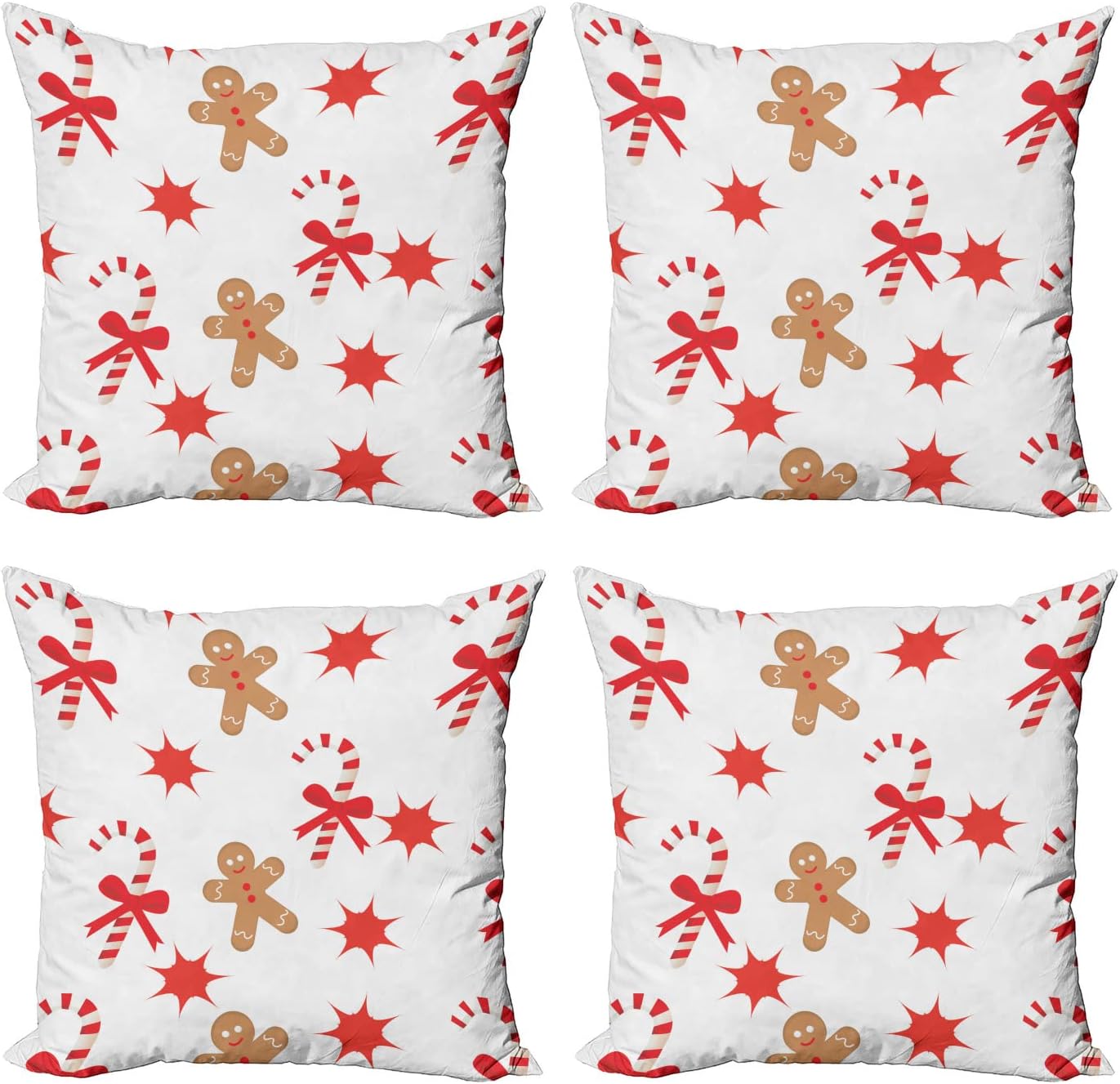 Ambesonne Gingerbread Man Throw Pillow Cover Set of 4, Candy Cane Bowties Red Star Christmas Cookie Pattern, Square Cushion Covers Decor for Bed Couch Sofa, 18"x18", Sand Brown Orange