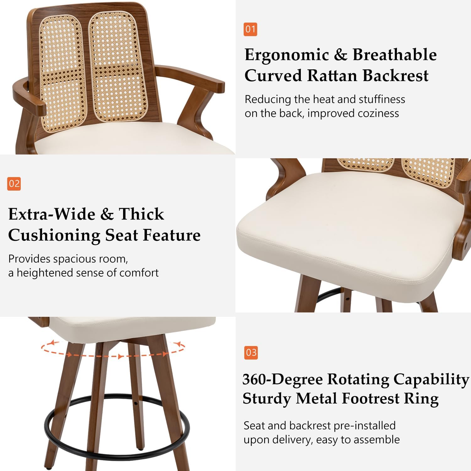 Set of 2 Mid Century Counter Stools - 27 inch Rattan Swivel Counterstools with Curved Back, Walnut Crafts, Upholstered Faux Leather, Counter Chairs for Island/Pub/Kitchen (27" Seat Height, Beige)