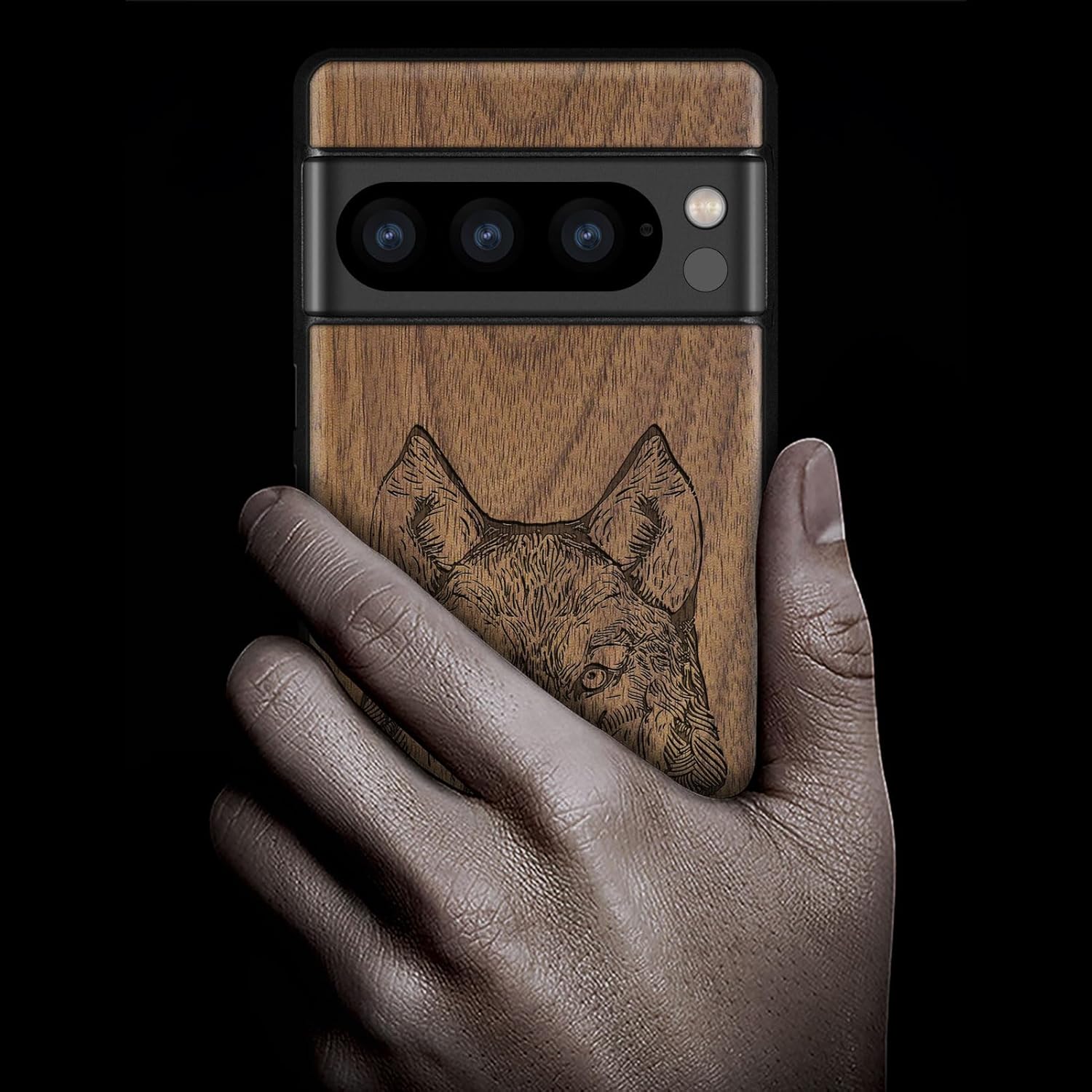 Carveit Wood Case for Pixel 8 Pro Case [Natural Wood & Black Soft TPU] Shockproof Protective Unique Wooden Cover Compatible with Google Pixel 8 Pro (Wolf Head-Walnut)