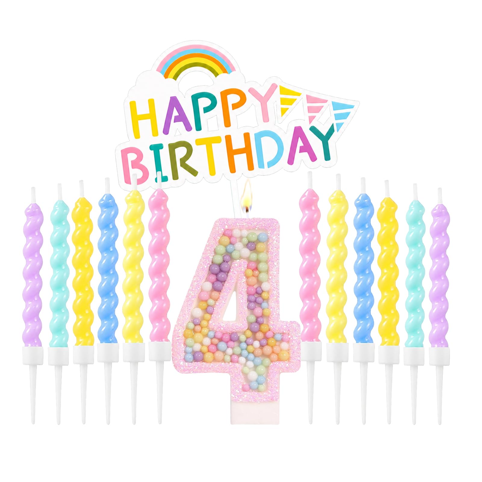 Number Birthday Candles Set with Rainbow Cake Decoration, Macaron Cake Toppers with 12pcs Pastel Spiral Candles for Boys Girls Birthday Party Supplies & Anniversary（Pink, 4 Candle）