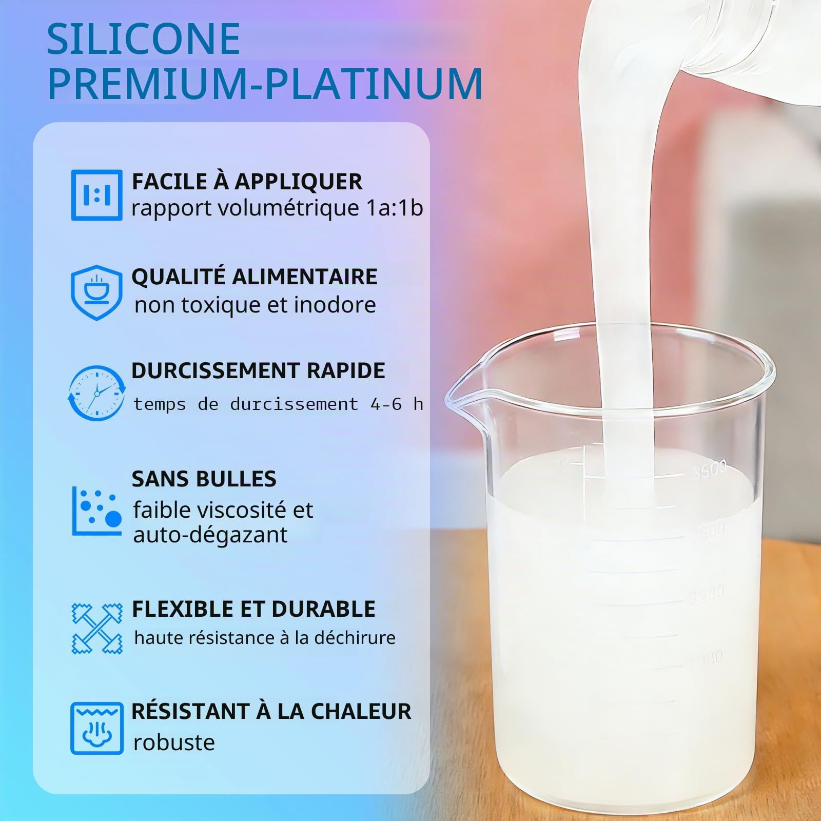 Silicone pour Moulage 20A, 1L Caoutchouc de Silicone Liquide pour Moulage Transparent, Prise Rapide, Non-Toxique, Idéal pour la coule de résines, moules, cire, plâtre