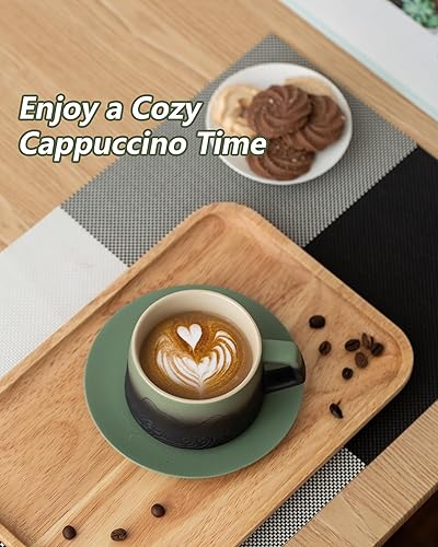 Miniatura 8 de ZENS Juego de 2 tazas de capuchino artístico de 8 onzas, taza de café de cerámica en relieve con platillos para arte con leche, verde musgo y negro
