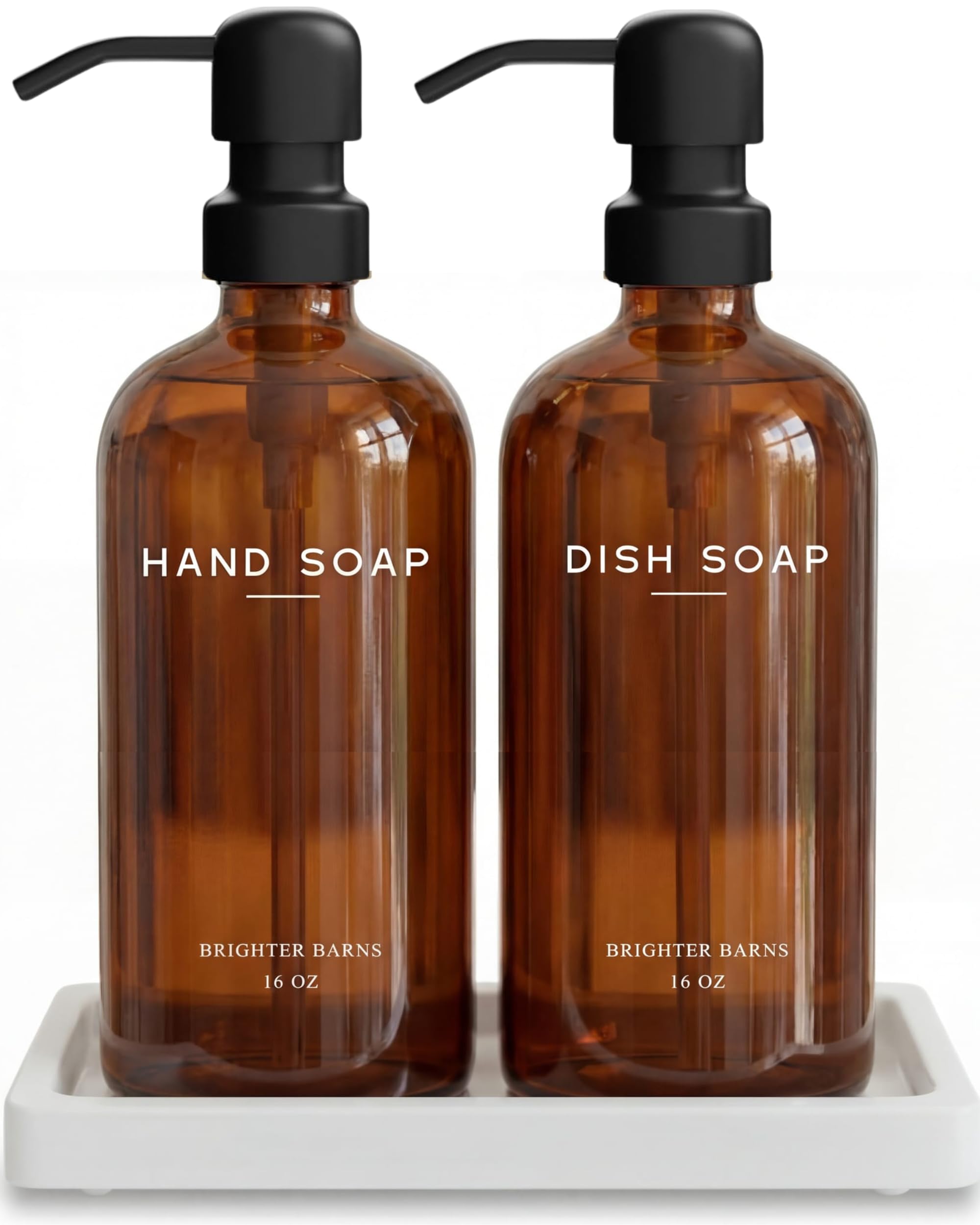 Brighter Barns - Set dispenser di sapone per mani e piatti, in vetro ambrato, con vassoio, per cucina, Airbnb, case vacanze o ristorante, decorazione moderna e accessori per la cucina (ambra)