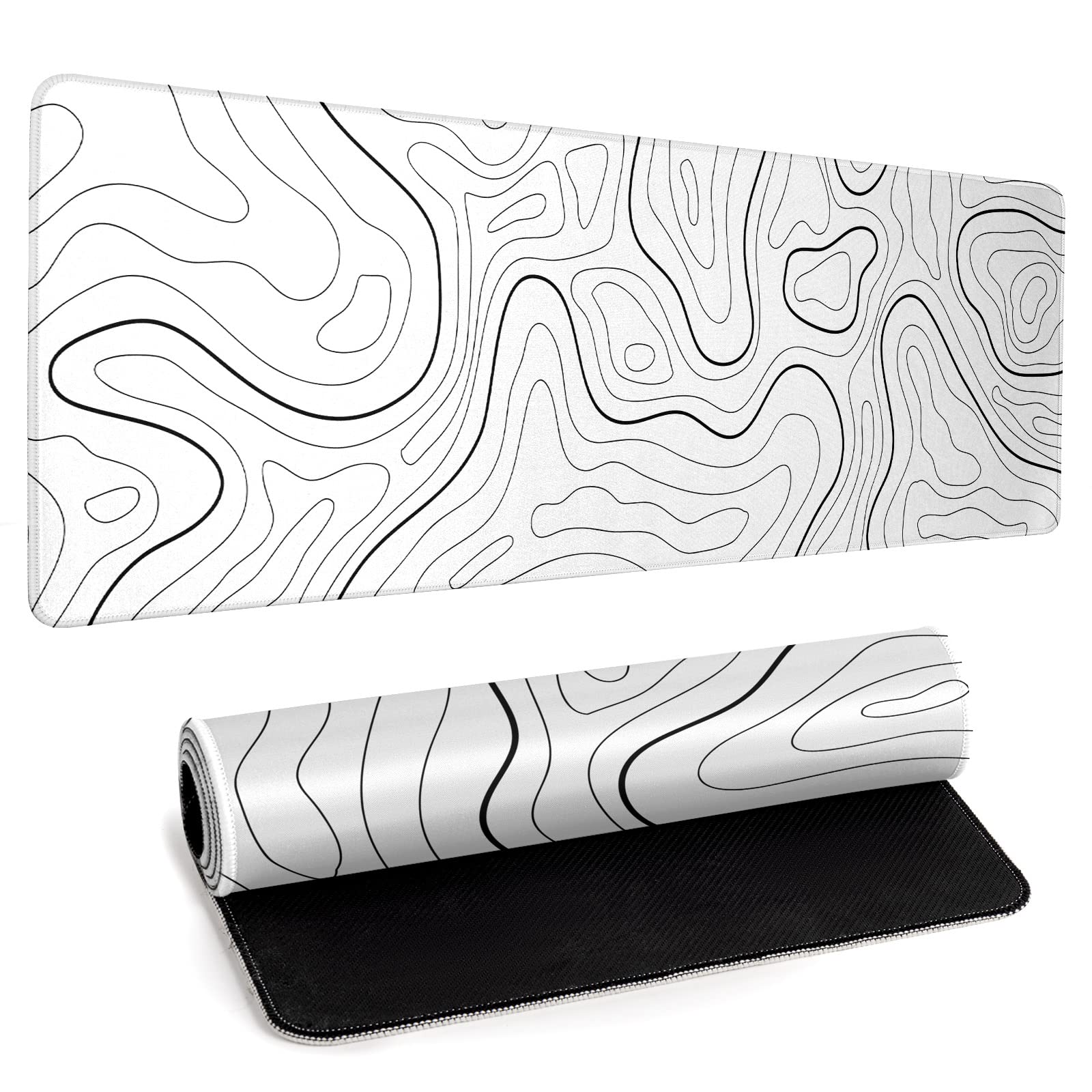White Big Mousepad for Gaming Large Topographic Map Washable Desk Pad with Stitched Edge Office Supplies and Decor 31.5''x11.8'' Computer Keyboard Protector