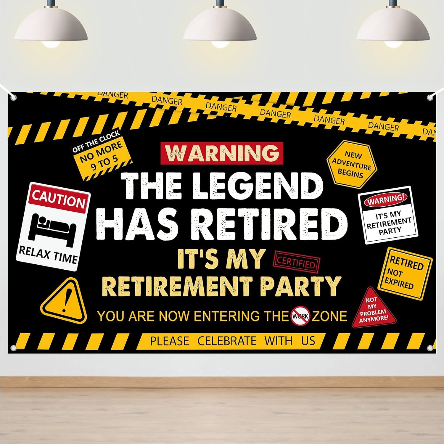 Avezano Happy Retirement Banner Caution Logos Retirement Party Decorations Funny Legend Retired Party Backdrop for Family Office Farewell Party Decors for Men (6 x 3.6 ft)