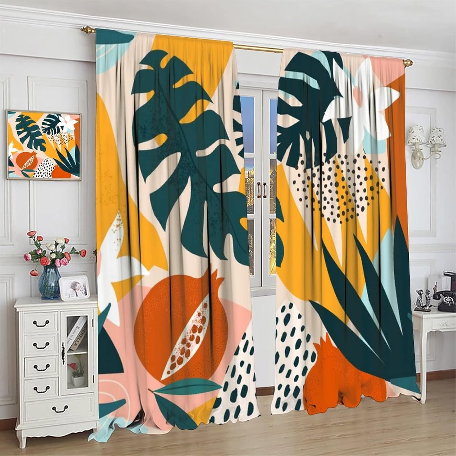 Watercolor Abstract Mid Century Blackout Curtains,Vintage Boho Geometric Floral Leaves Plant Window Curtains Rod Pocket Thermal Insulated Room Darkening Blackout Curtains 2 Panels 45L x 21W