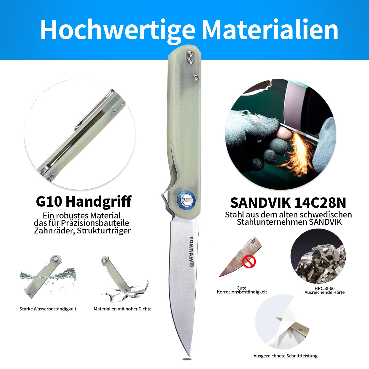 Harnds Cuchillo de bolsillo plegable Wind Flipper Hoja de G10 con cojinetes de cerámica Cuchillo de supervivencia para camping y EDC (Cian transparente)