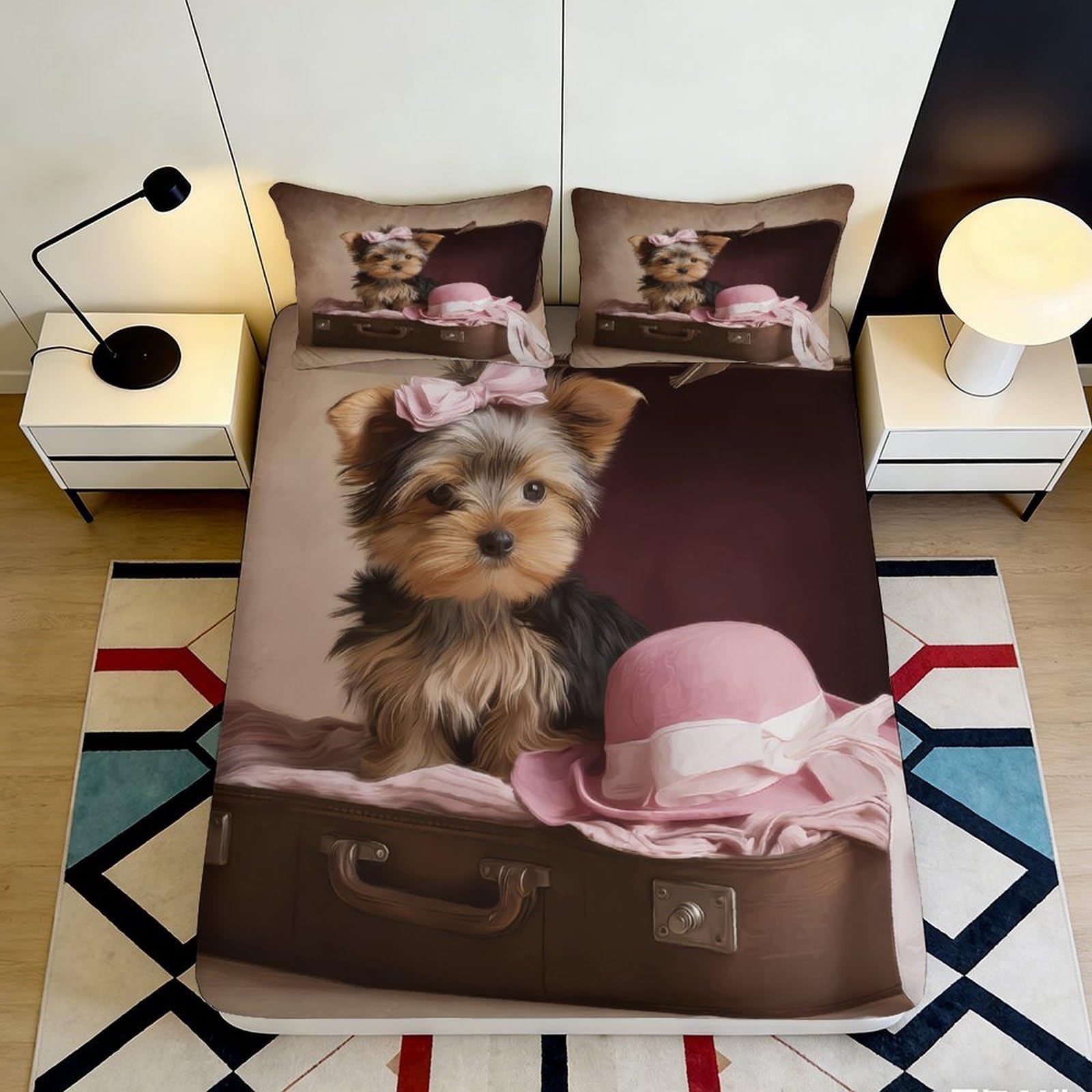 3D Printed Cute Puppy Fitted Sheet Microfiber Soft Breathable Pink Hat Bed Cover for Bedroom Dormitory Guest Room Mattress Protection Decor 140x200x25cm