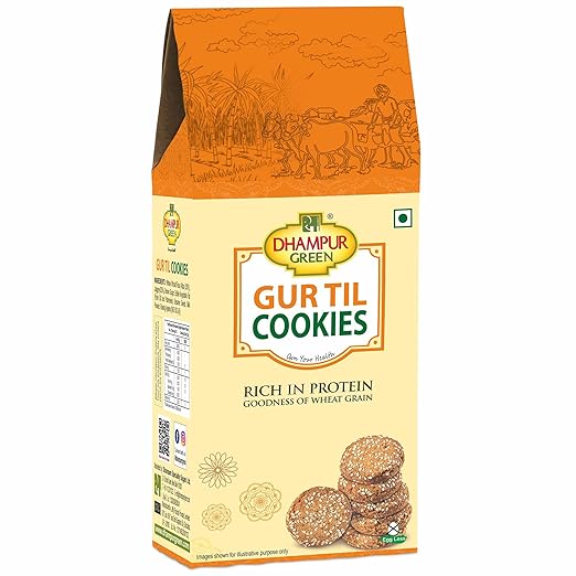 DHAMPURGREEN Jaggery Gur Til Cookies Biscuit, 200g, Pure Gur Gud Bakery Cookies Biscuit, Healthy Snacks with No Added Sugar for Diet