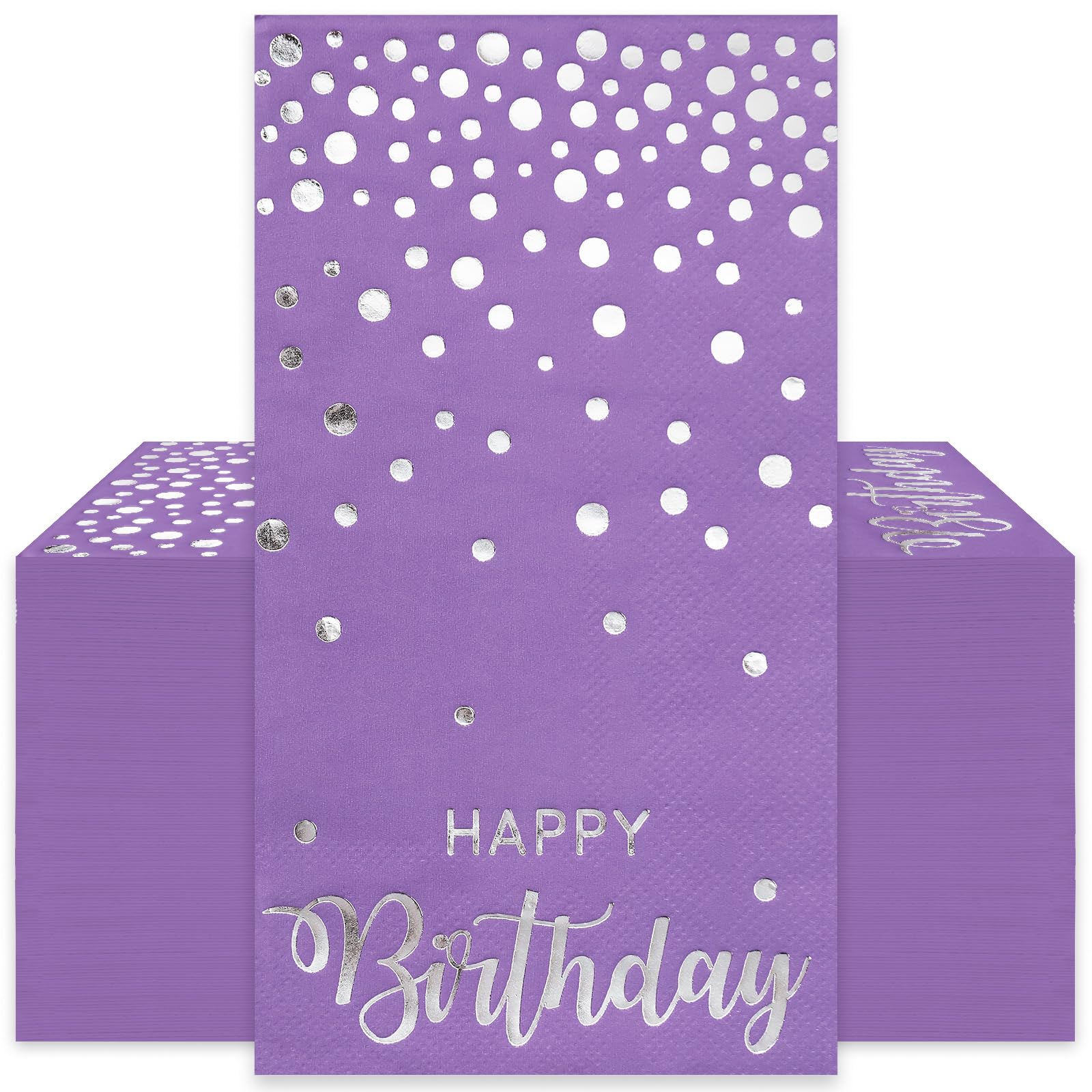 JarThenaAMCS 50Pcs Happy Birthday Guest Napkins Purple Silver Foil Dots Birthday Disposable Paper Napkins Dinner Hand Napkin for Birthday Party