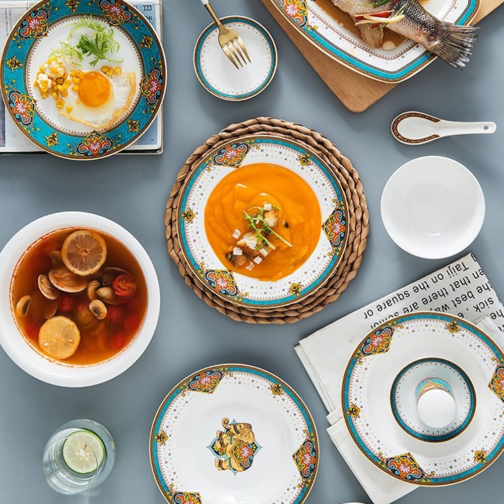 56-częściowy zestaw porcelanowych naczyń obiadowych dla 10 osób, europejski styl kreatywny zestaw talerzy głównych i misek, prezent ślubny na parapetówkę