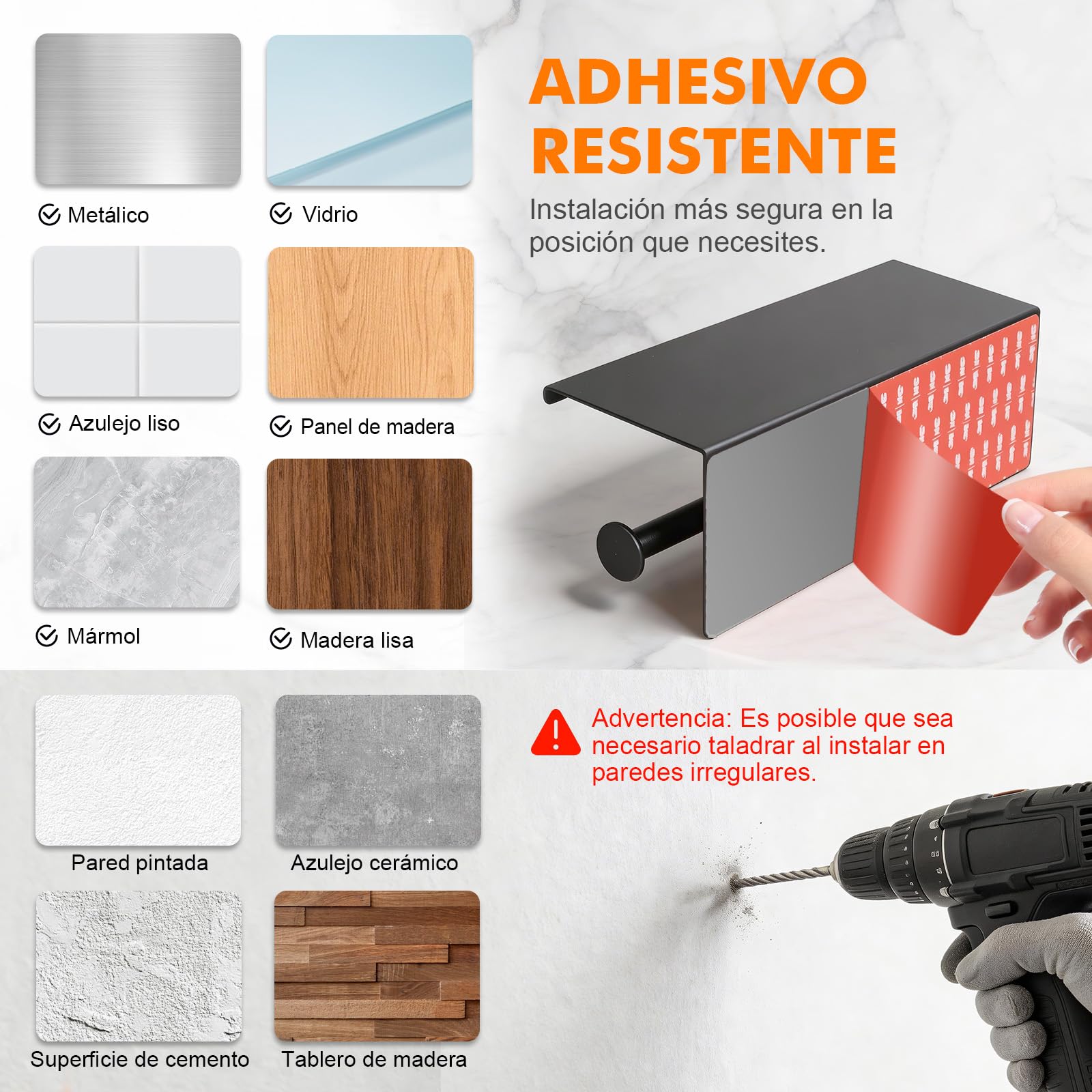 Ibergrif Portarrollos de Papel Higiénico Doble con Estante, Soporte Papel Higiénico de Acero Inoxidable para Pared, Instalación Adhesiva o con Taladro, Portarrollos para Baño o Cocina, Negro — view 7