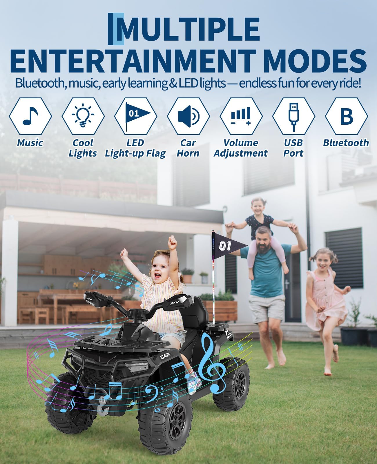 Garvee Quad Elettrico per Bambini 12V, Telecomando, Doppio Motore, Nero | Bandierina LED sospesa con connessione wireless USB, adatta a bambini dai 3 agli 8 anni, carico massimo 30 kg