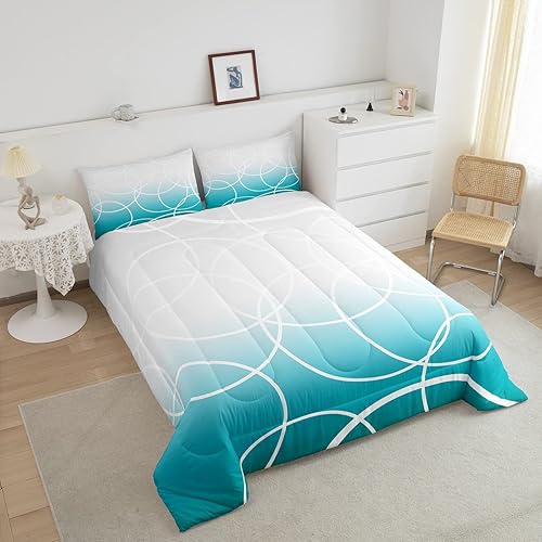 Miniatura 3 de Juego de ropa de cama de círculo geométrico, juego de edredón degradado degradado con anillos circulares de color verde azulado, juego de edredón de