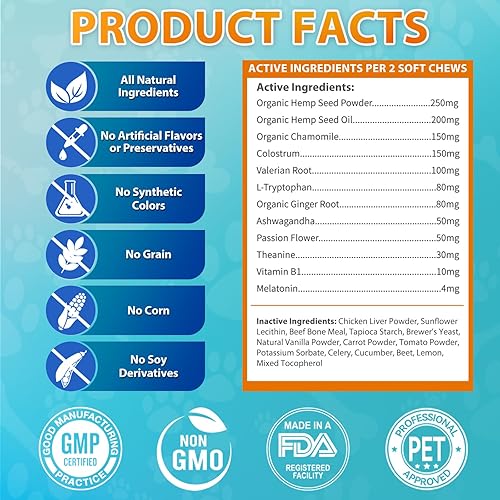 Miniatura 7 de Masticable calmante de cáñamo para perros  200 golosinas masticables para perros  Alivio de la ansiedad y el estrés de los perros raíz de valeriana