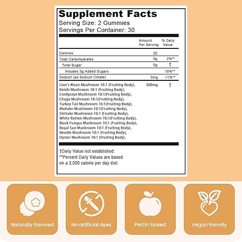 Miniatura 2 de Lions Mane - Gomitas de suplemento de hongos, 12 mezclas orgánicas de hongos con Cordyceps, Reishi, Chaga, suplemento cerebral de hierbas de