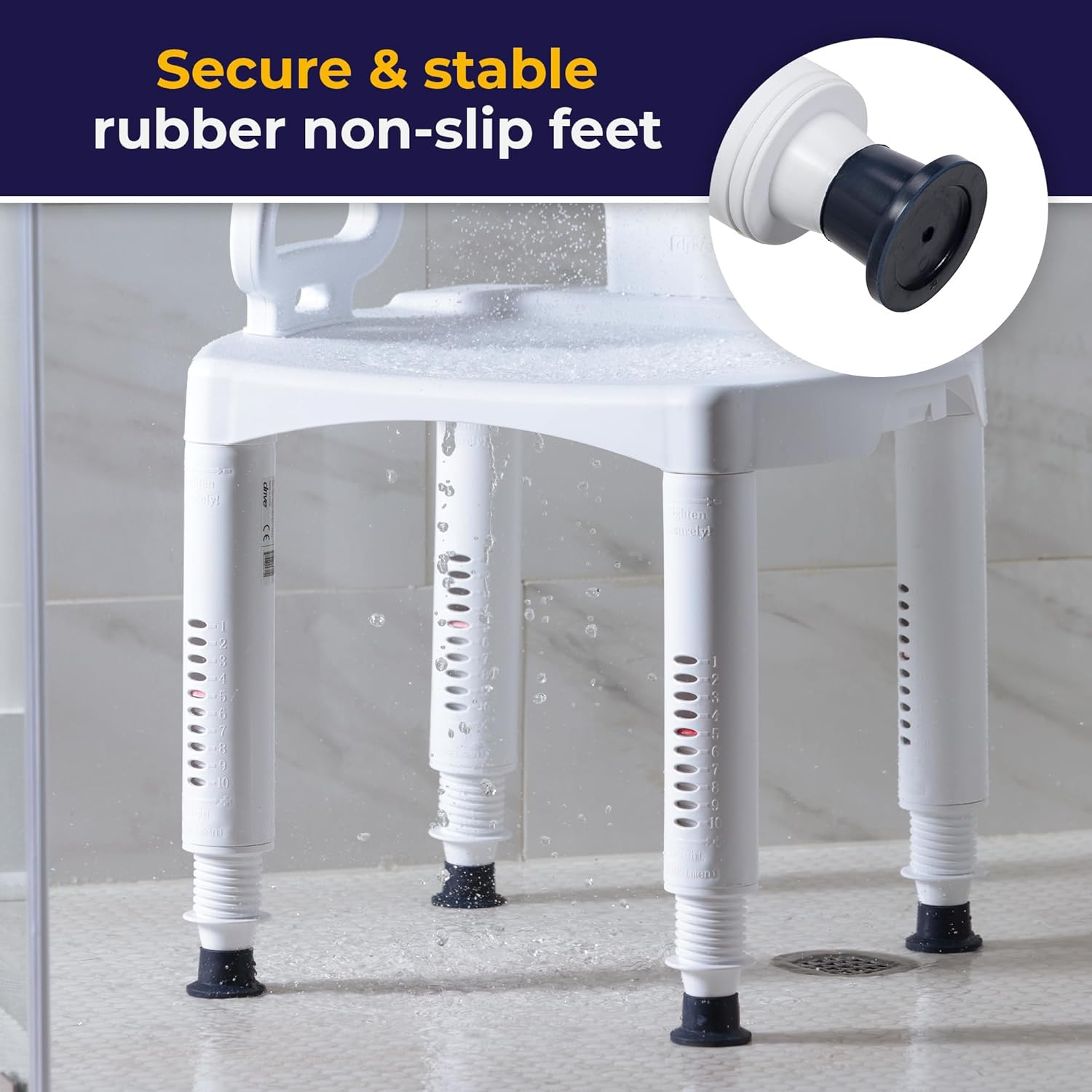 Drive Medical Bathroom Bench with Back & Arms - Adjustable Height - Suction Tip Legs for Stability - Durable Plastic Seat - 350 Lb Capacity - White