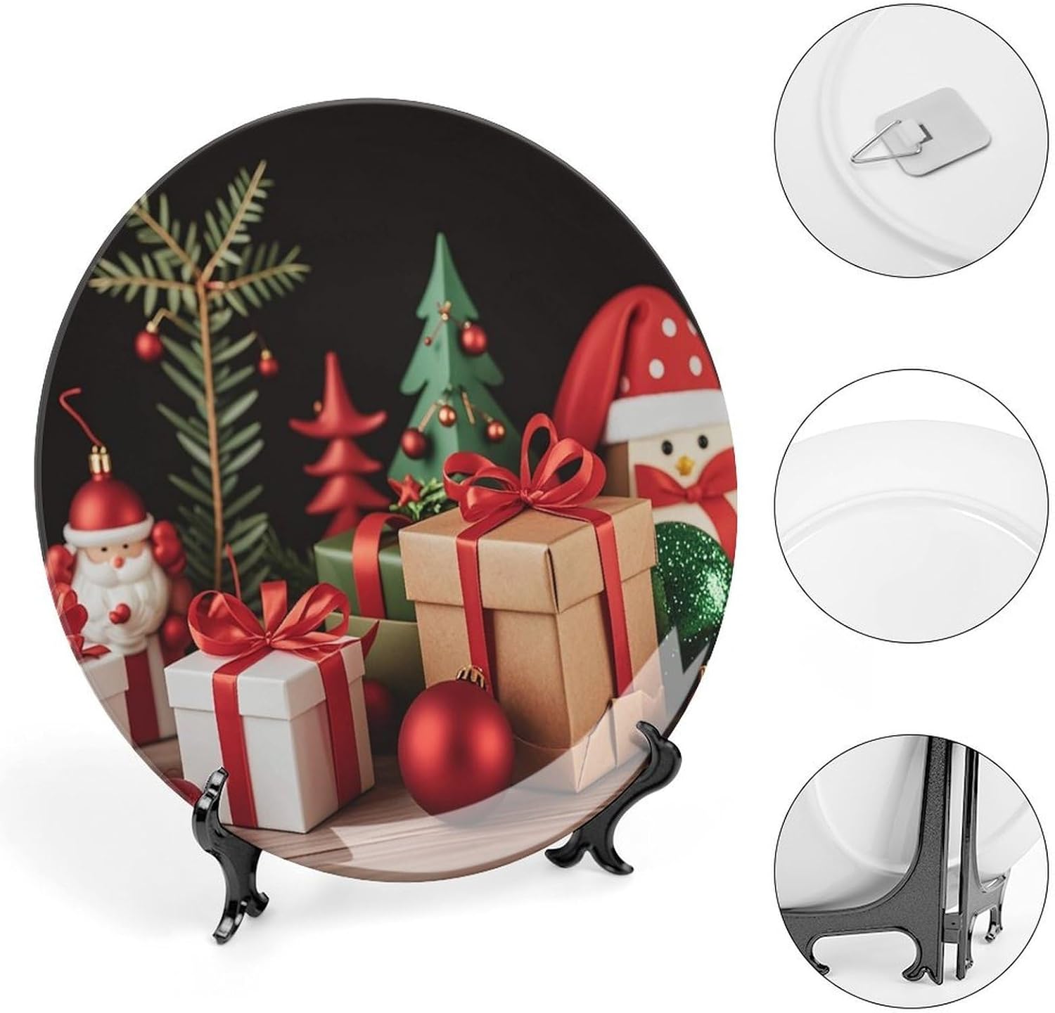 Xmas Decoration Christmas Gift Decorative Ceramic Plate Round Porcelain Plate Decor Personalized Bone China Decorative Plates Ceramic Ornaments Dessert Plates with Display Stand 10inch