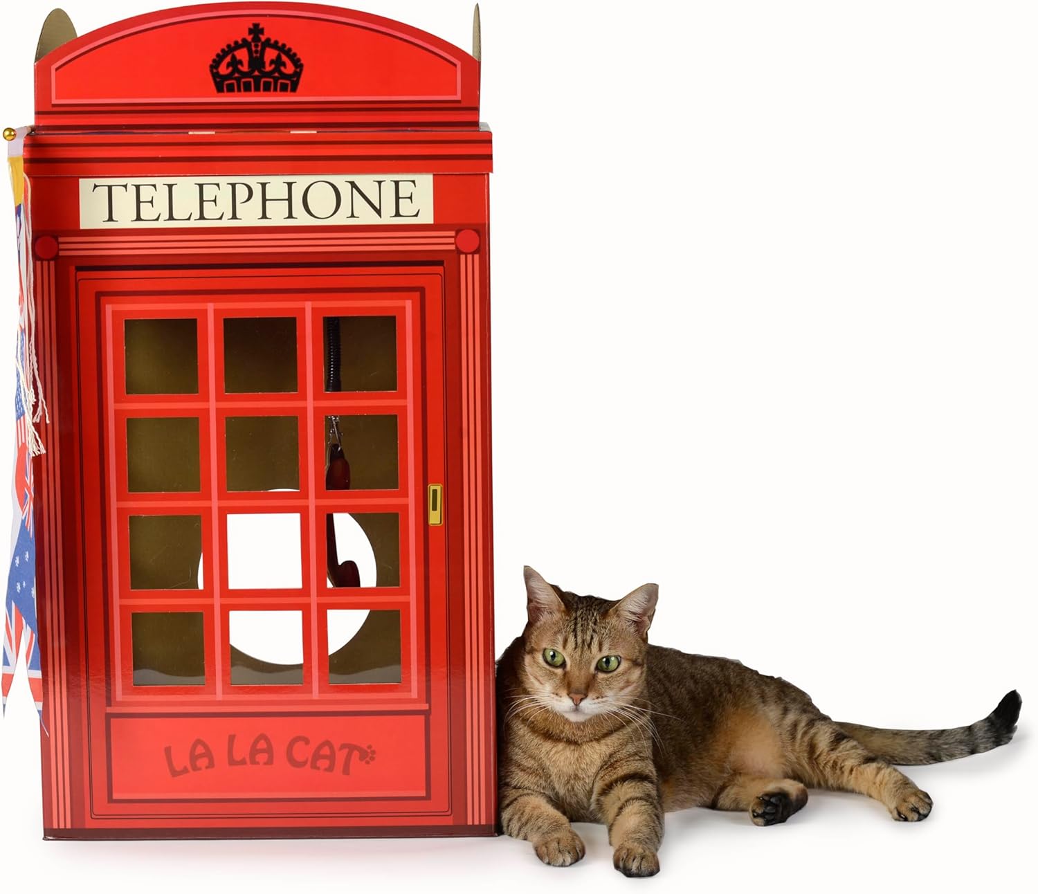 The British Red Telephone Booth Cat House Features a Flag Teaser Wand for Cats