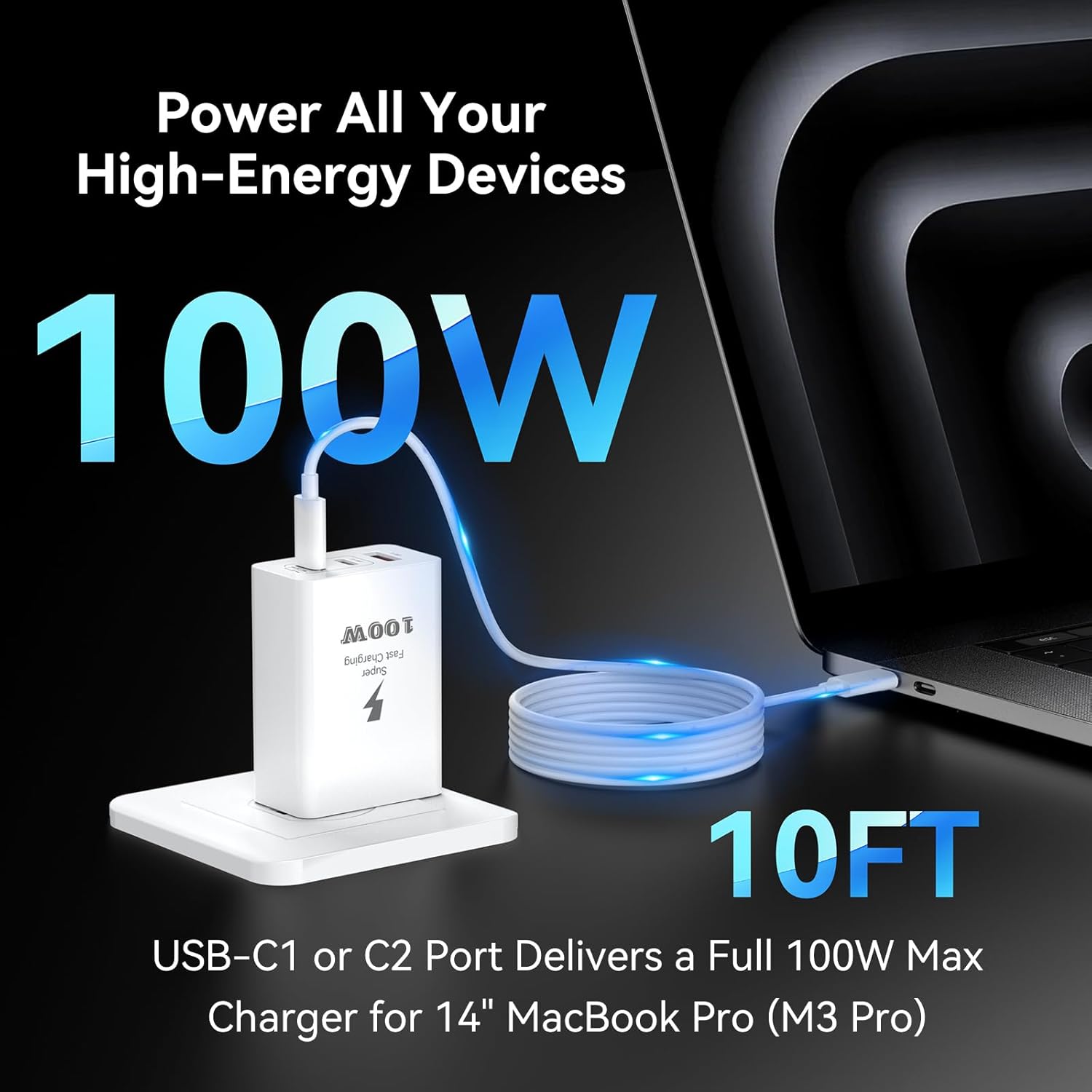 Mac Book Pro Charger, 100W USB C Charger Block Super Fast Wall Charging Cube Power Adapter with 10 FT Type C Cable Cord for MacBook Pro/Air 16/15/14/13 Inch, iPhone 16 15 Pro Max, iPad, Tablet, 2 Pack White 10FT image 3 of 7 B0DMW2NG7G