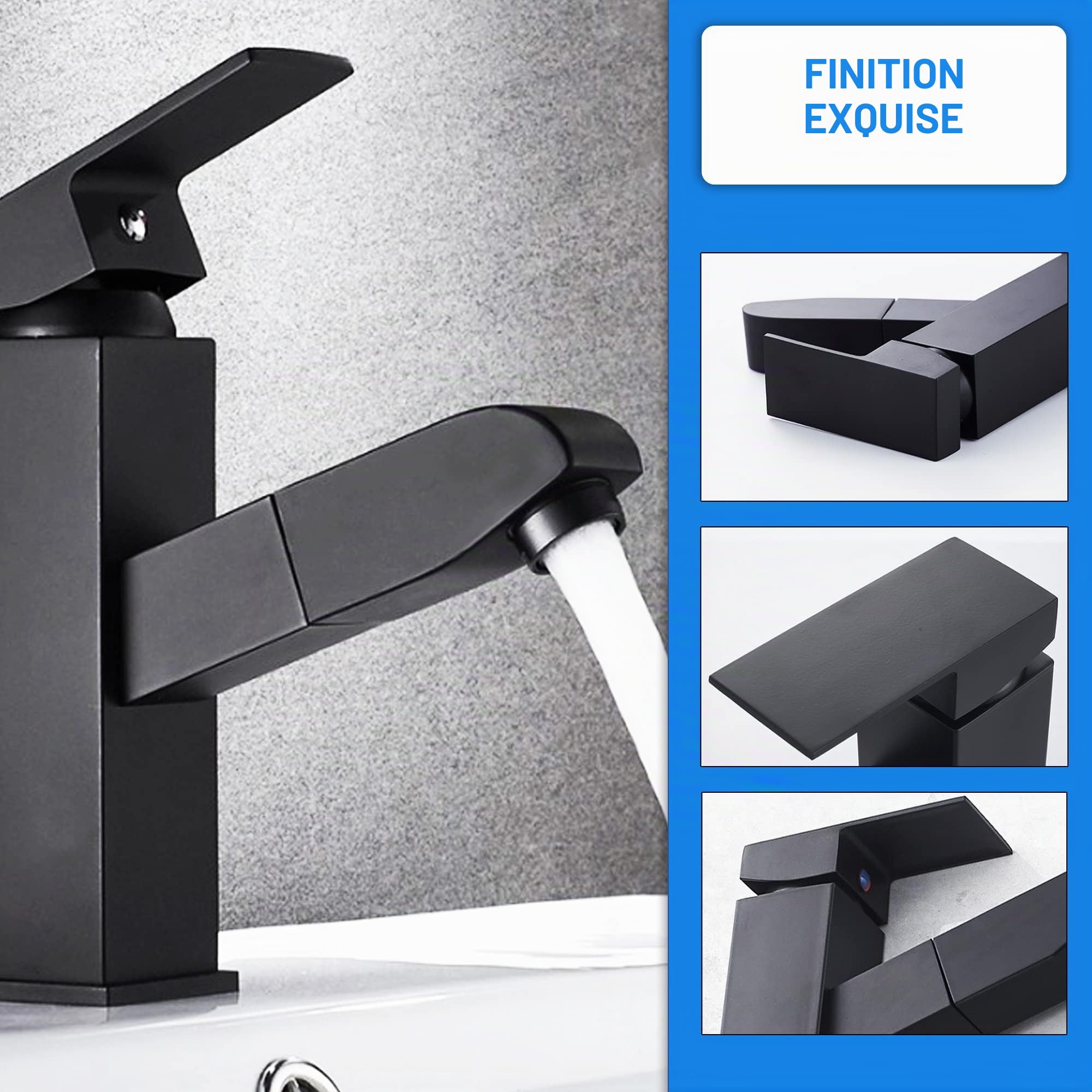 Robinet lavabo noir extensible en acier inoxydable mitigeur eau froide et chaude 2 tuyaux inclus robinet salle de bain