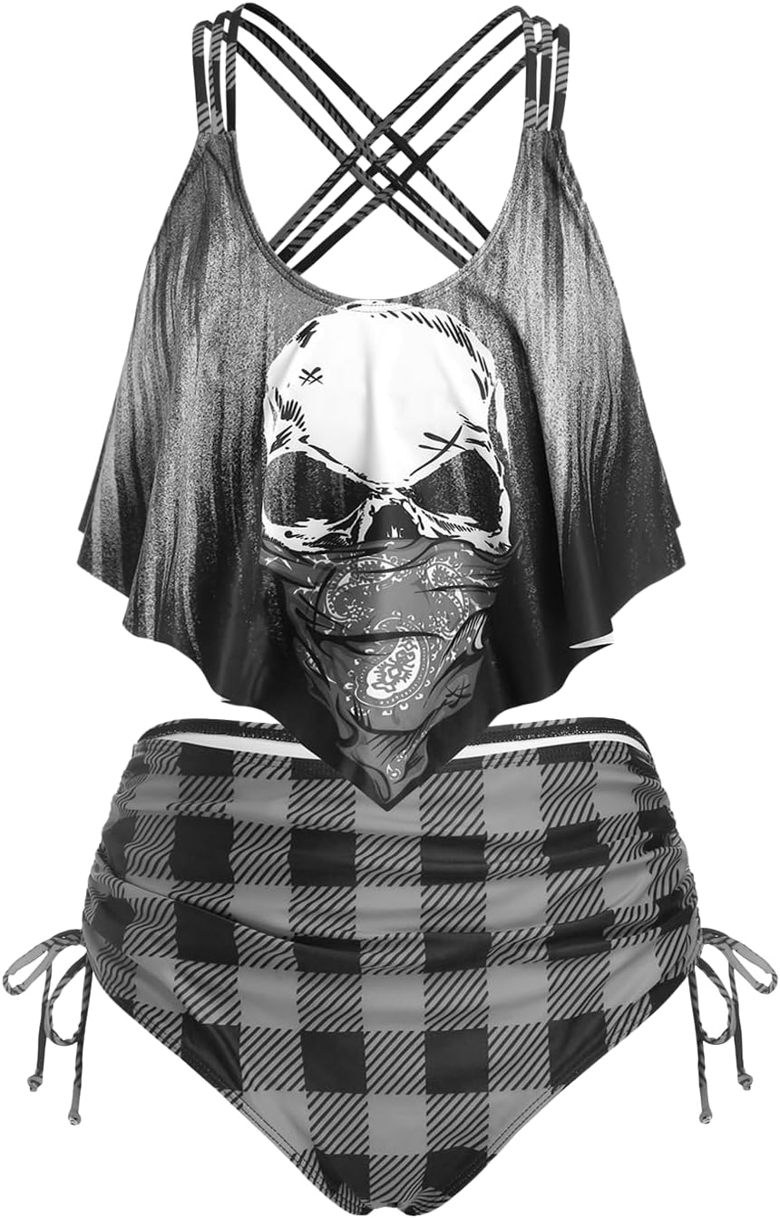 ROSE GAL Rosegal Women Plus Size Gothic Tankini Swimsuit Skull Print Crisscross Flounce Two Piece Bathing Suit
