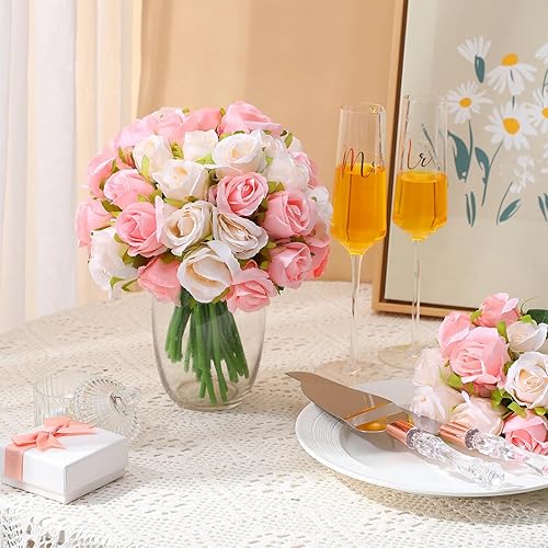 Miniatura 4 de Tigeen 96 cabezas, 8 ramos de rosas artificiales, ramo de flores con tallos, rosas falsas, arreglos florales de boda, centro de mesa para el hogar,