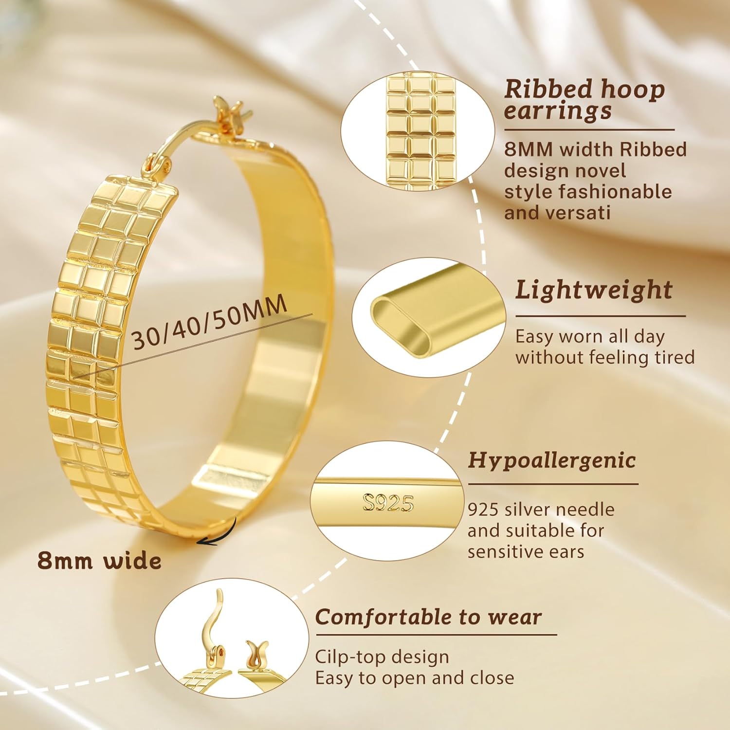 LOUMILEO 8mm Wide Chunky 14K Gold Plated Ribbed 925 Sterling Silver Post Hoops Earring Hypoallergenic Lightweight Large Silver Hoop Earrings for Women (30/40/50MM) - Image 3