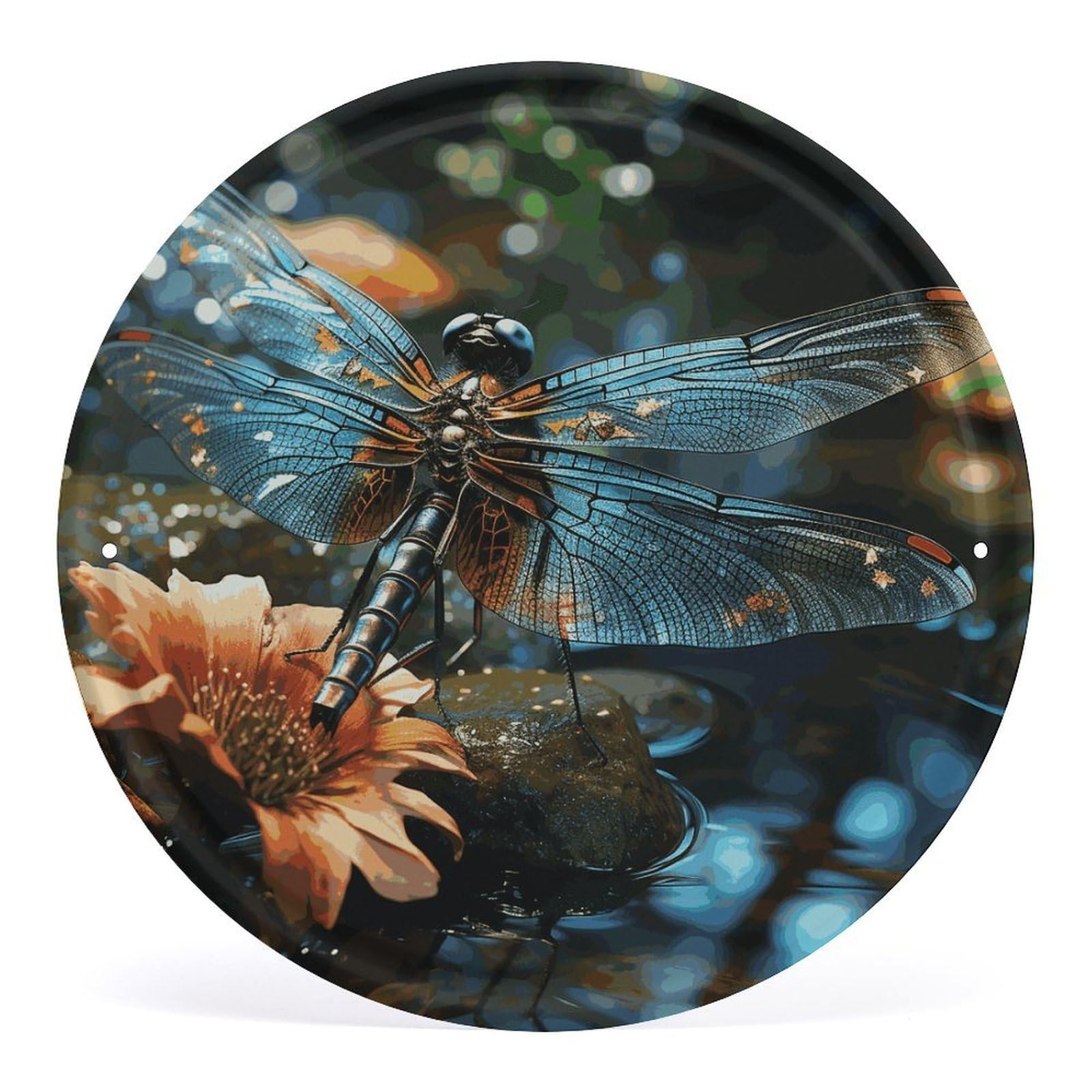 Fodpand Style Dragonfly Flying On The Pond Round Wall Art Hanging Decorations, Wall Decor Modern Minimalist Artwork, Tin Sign Hanging Picture For Living Room, Bedroom, Office, Hallway, 11.8X11.8 Inch