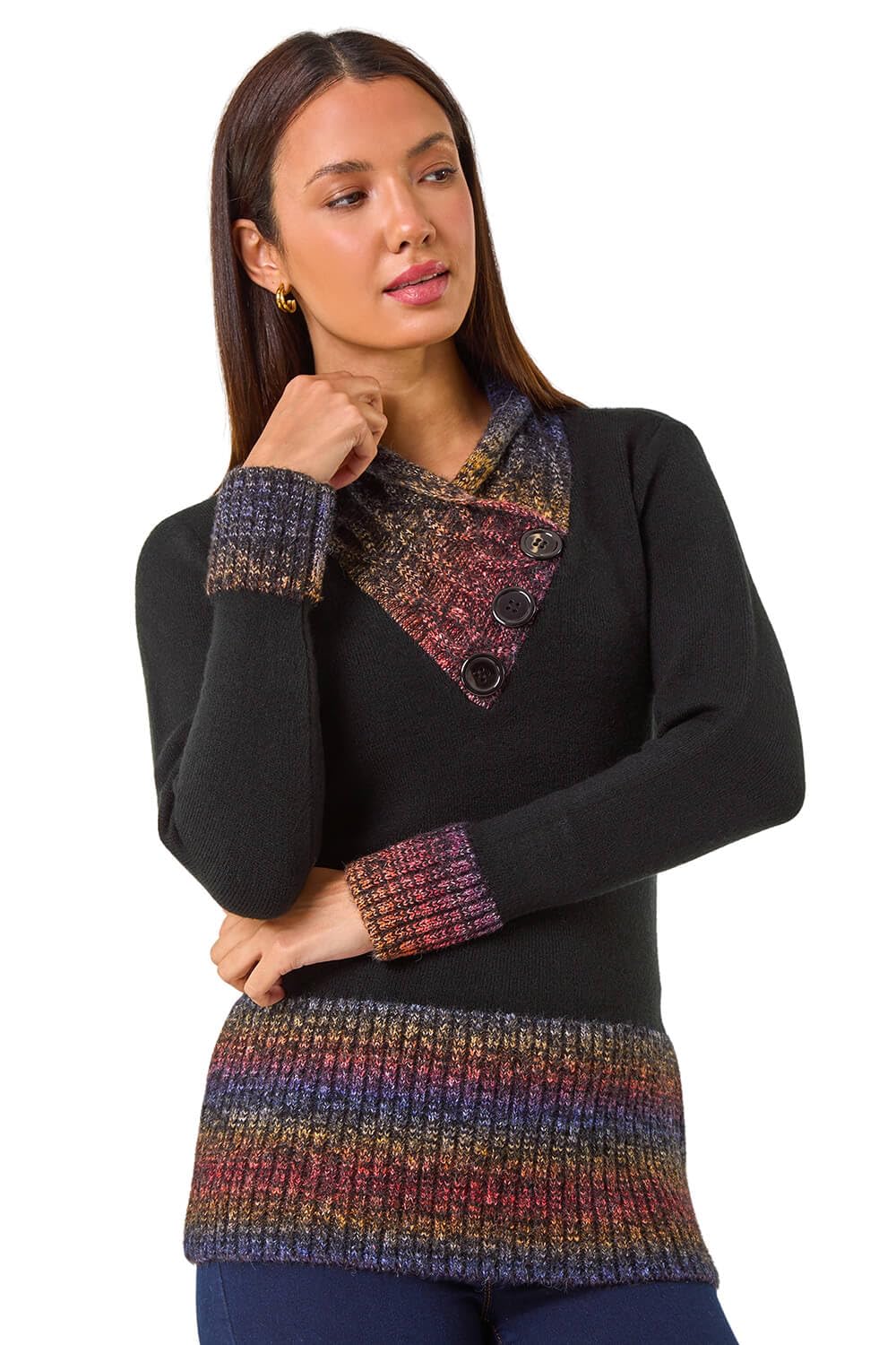 Roman Originals Women's Black Multi Roman Jumper For Uk - Button Detail Embellished Tunic Sweater V-Neck Overlap Autumn Winter Smart Office Work Wear Casual Warm Cosy Pullover Day - Size 16