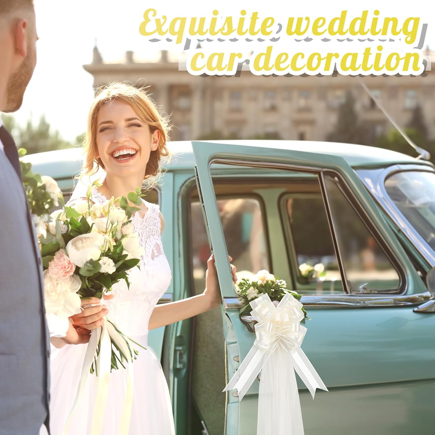 12 Set Large Wedding Pew Bows with Long Tulle Tails Church Chair Aisle Decorations Wedding Car Decoration Big Bows for Bridal Shower Reception Birthday Anniversary (Champagne)