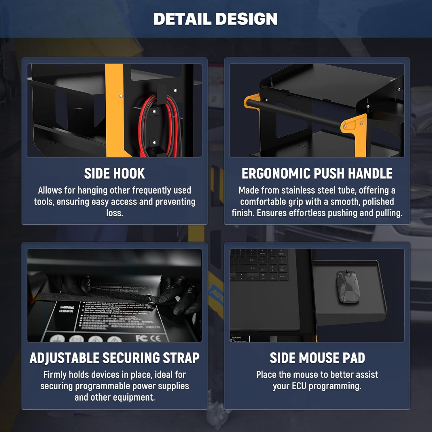 Detailed features of AUTOOL T22 service cart including side hooks, ergonomic push handle, adjustable securing strap, and side mouse pad