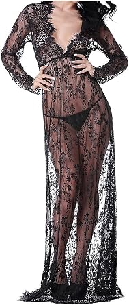 Lace Dress,Women Maternity Sexy Deep V-Neck Long Sleeve Lace See Through Maxi Dress for Wedding Plus Size Black