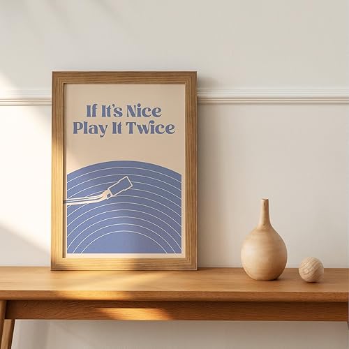 Miniatura 2 de Impresión artística de pared con música retro, con texto en inglés "If It's Nice Play It Twice", póster de vinilo azul y beige, sin marco,