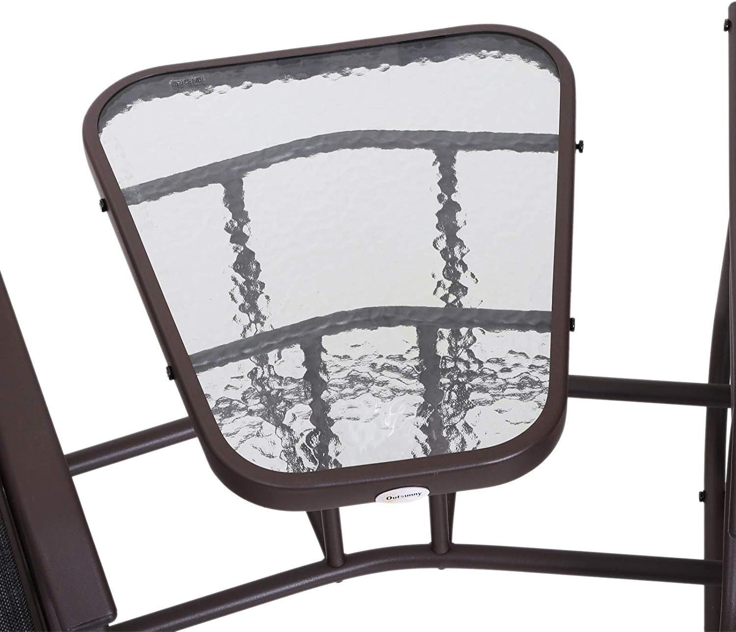 Close-up of the side table's glass surface and metal frame.