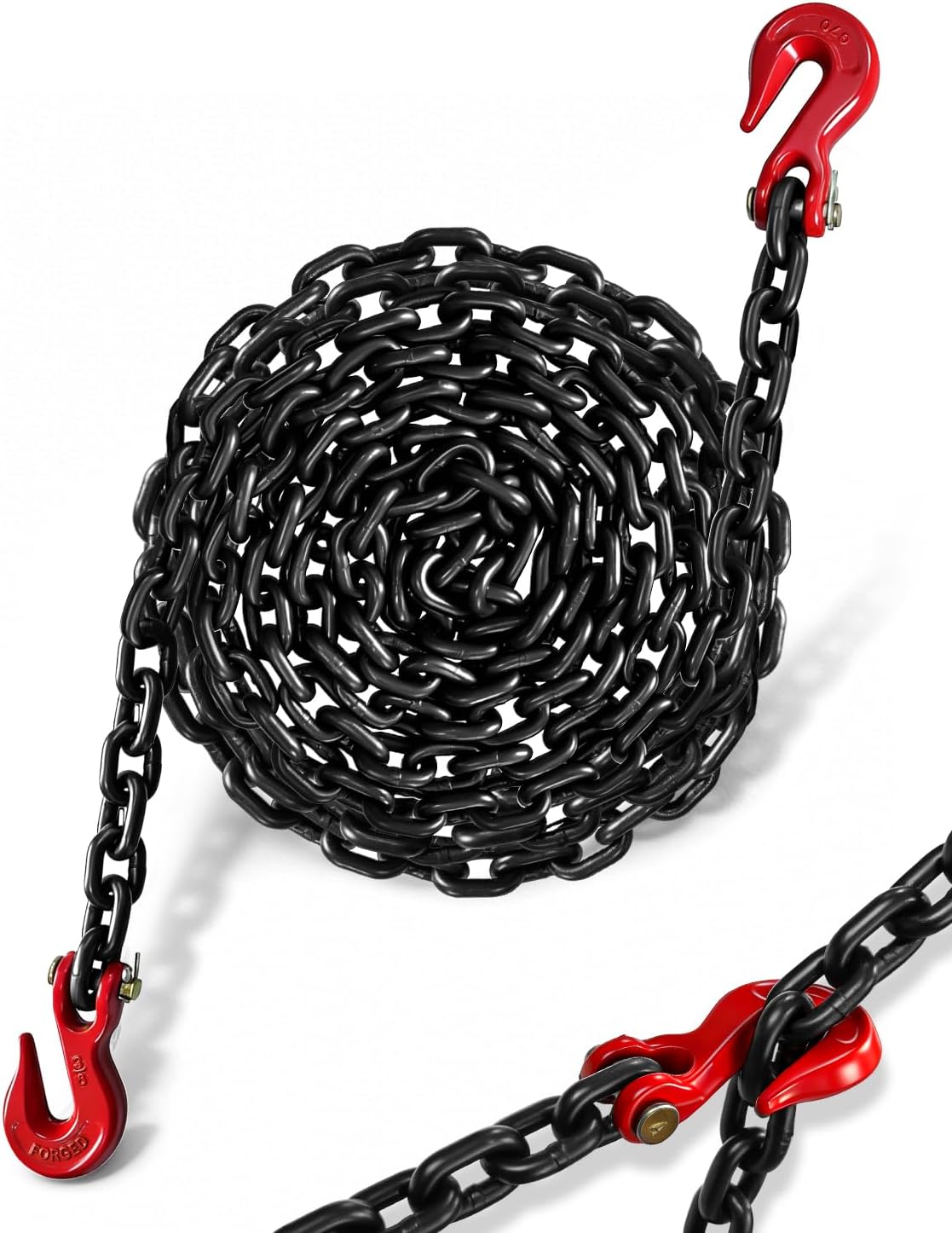 3/8" Chain 20ft, G80 Trailer Tow Chain, 2 Grab Hooks, 7,100 lb WLL