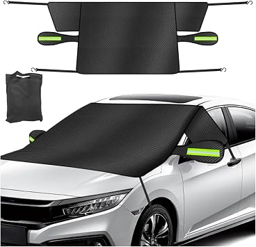 Car Windshield Ice Snow Cover with Magnetic Edges, Heavy Duty Oxford Fabric Windscreen Protector Cover with Side Mirror Covers, Winter Waterproof Frost Cover for Car Truck SUV RV (Green)