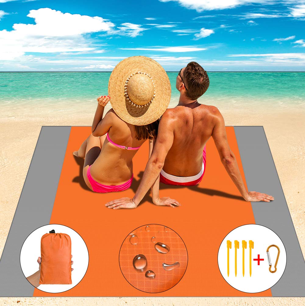 ZINUU Picnic Blanket Waterproof Beach Blanket Extra Large 200 x 210 cm Sandproof Beach Mat Portable Camping Mat Folding Washable Rug for Indoor Outdoor Garden Travel Hiking and Grass Trips - Orange