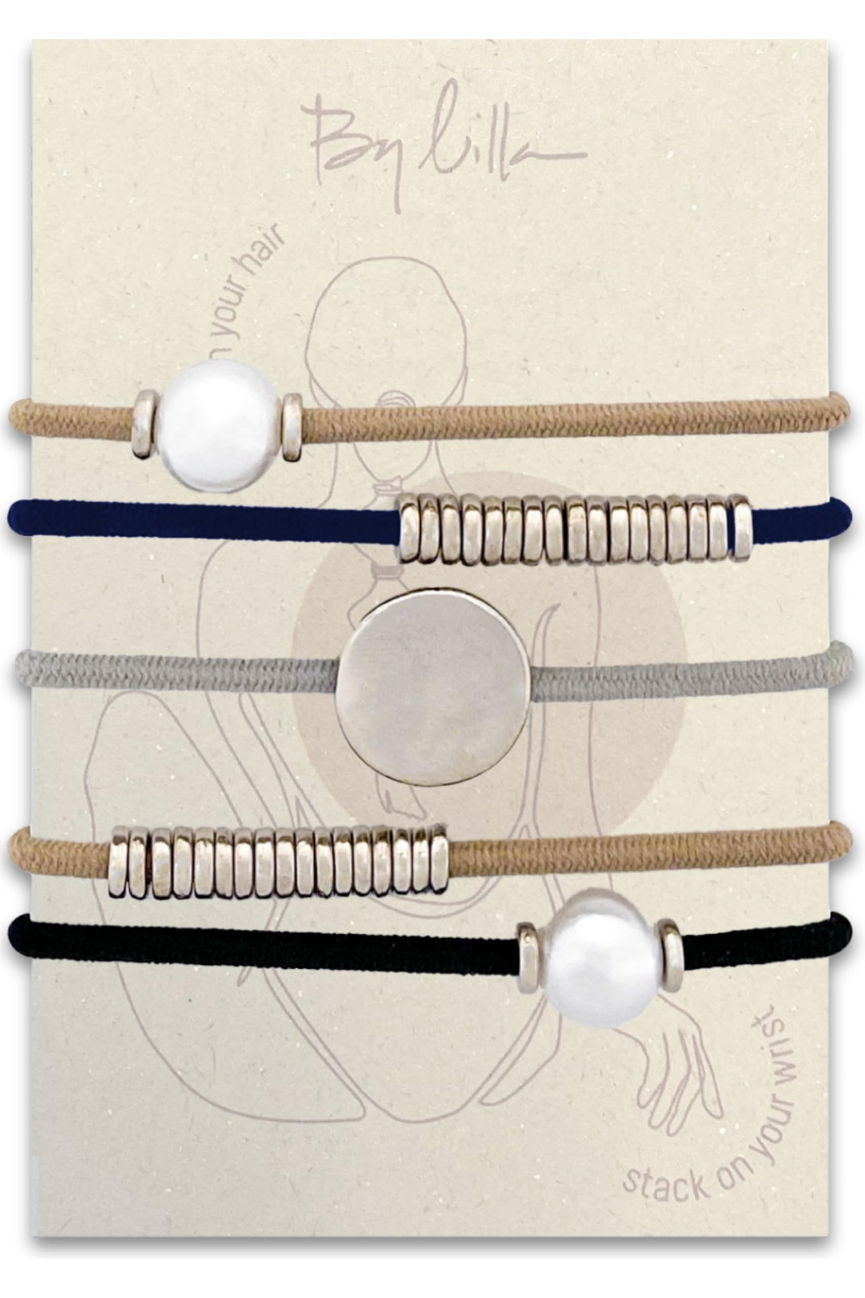 By Lilla Bracelet Hair Ties for Women - Hair Tie Bracelet with Silver Accents - Boho Handmade Jewelry for Wrist and Ponytail (Marble)