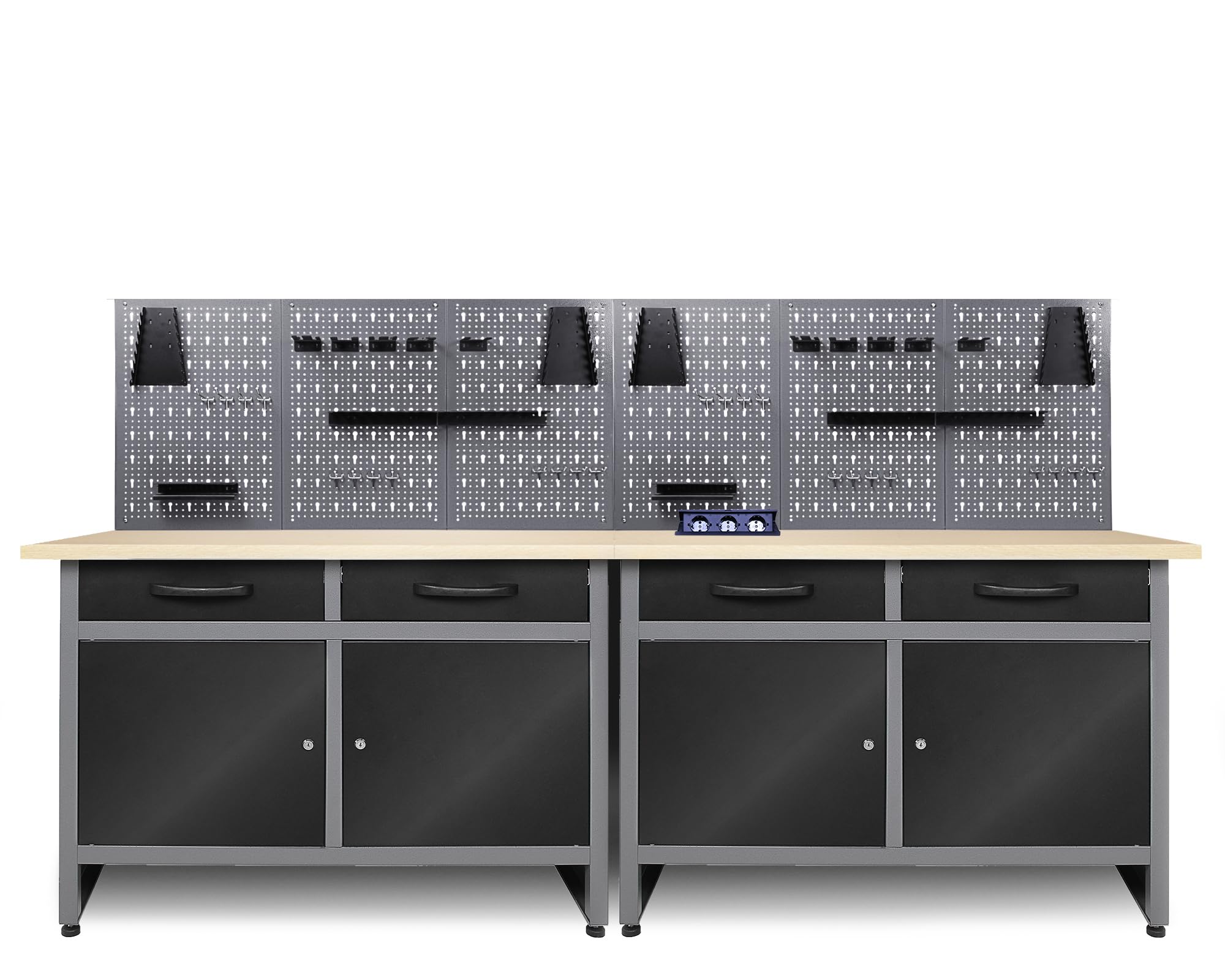 Ondis24 Werkstatt Set Werkstatteinrichtung Werner 240 cm – 2 Werkbänke 120×60×85 cm mit 28 mm Buchenplatte, 6 Lochwände, 22tlg. Haken-Set, abschließbare Türen & Schubladen, höhen