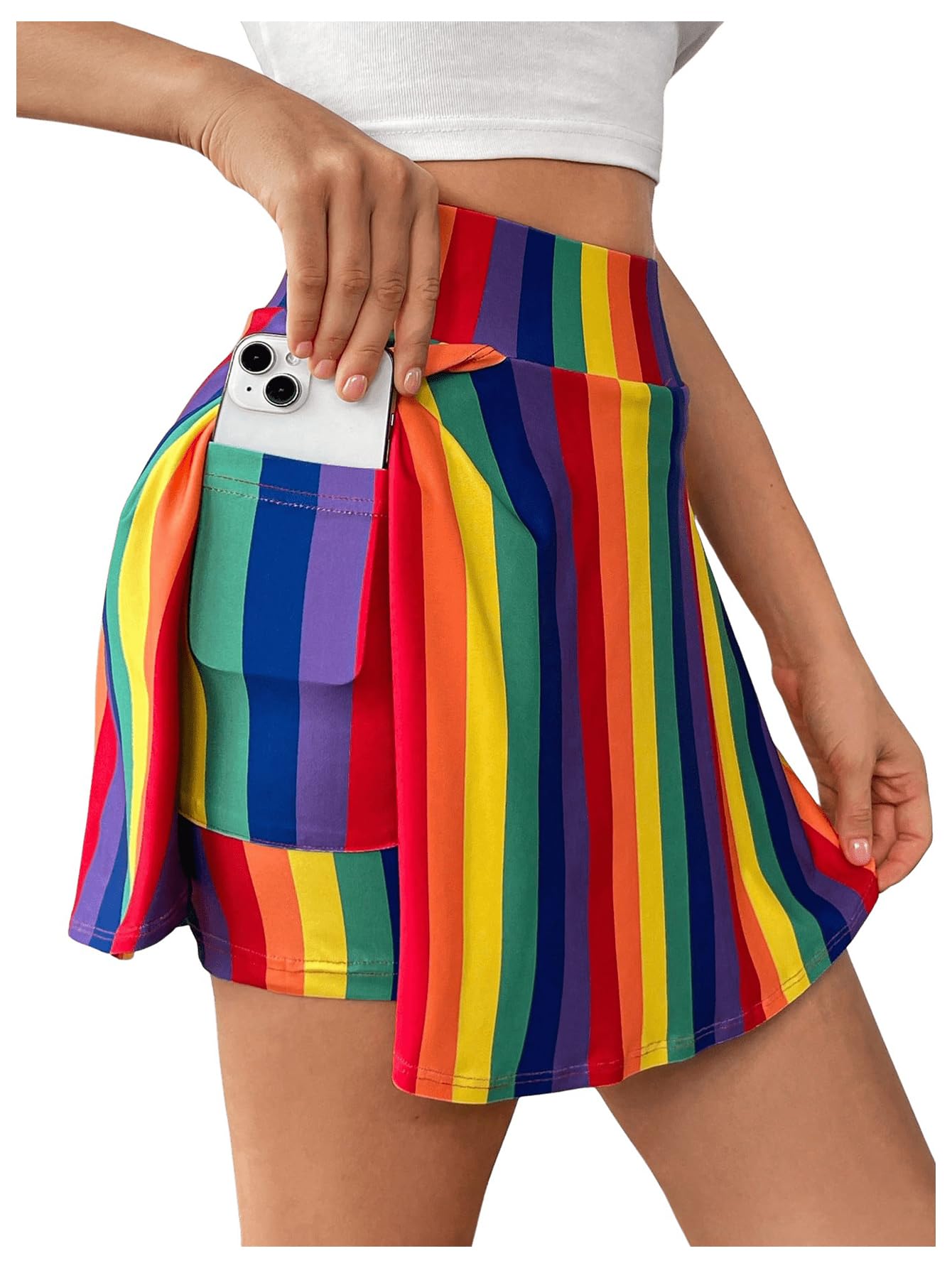 WDIRARA Women's Rainbow Striped Elastic Waist Active Tennis Skorts Golf Workout Skirt Shorts with Pocket