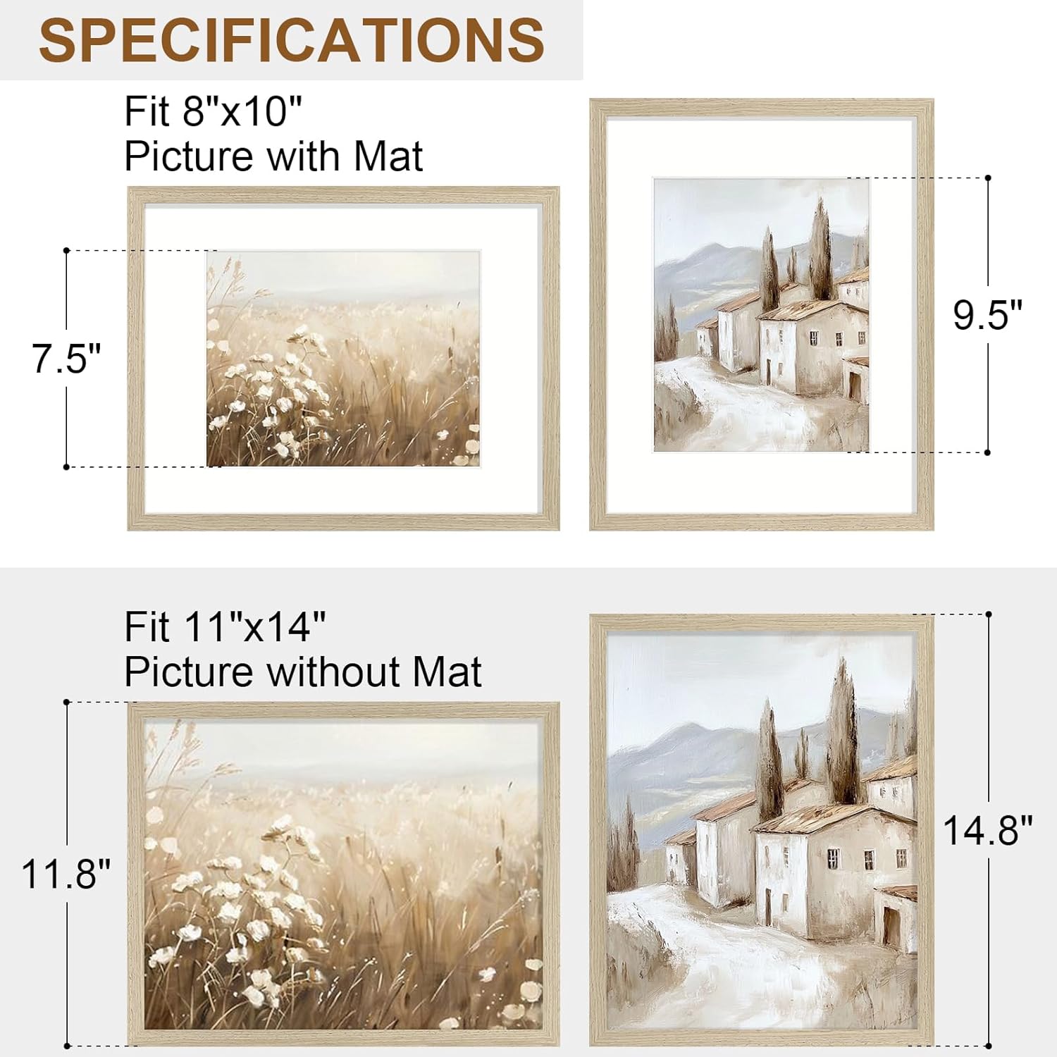 Vittanly 11x14 Picture Frame Set of 2, Solid Wood Frame for Wall Art Photo and Prints, Display Photo 8x10 with Mat or 11x14 without Mat, Light Oak